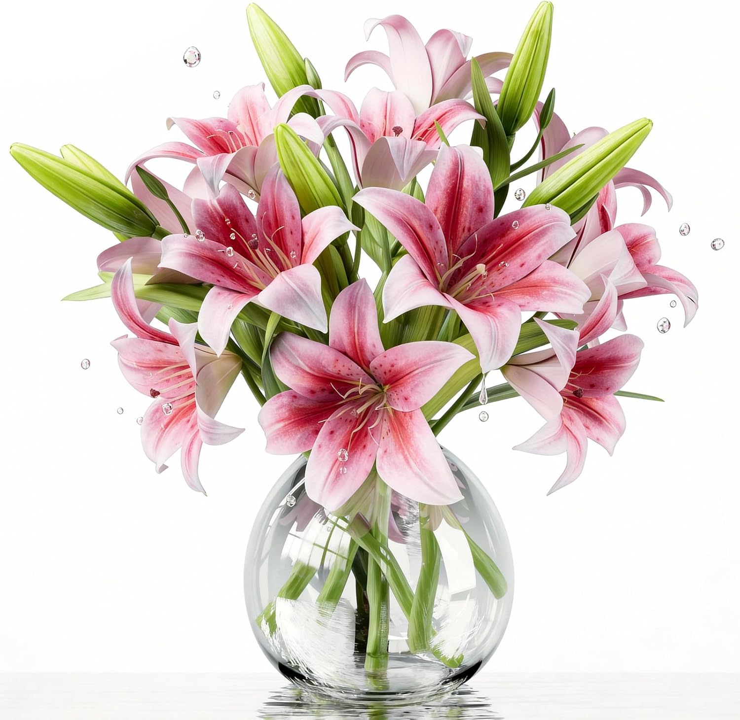6PCS Artificial Lilies Set with 12 Heads Fully Bloomed Lilies and 6 Buds, Short Stem Real Touch Artificial Flowers for Home Hotel Flower Arrangement Party Decor (Pink)