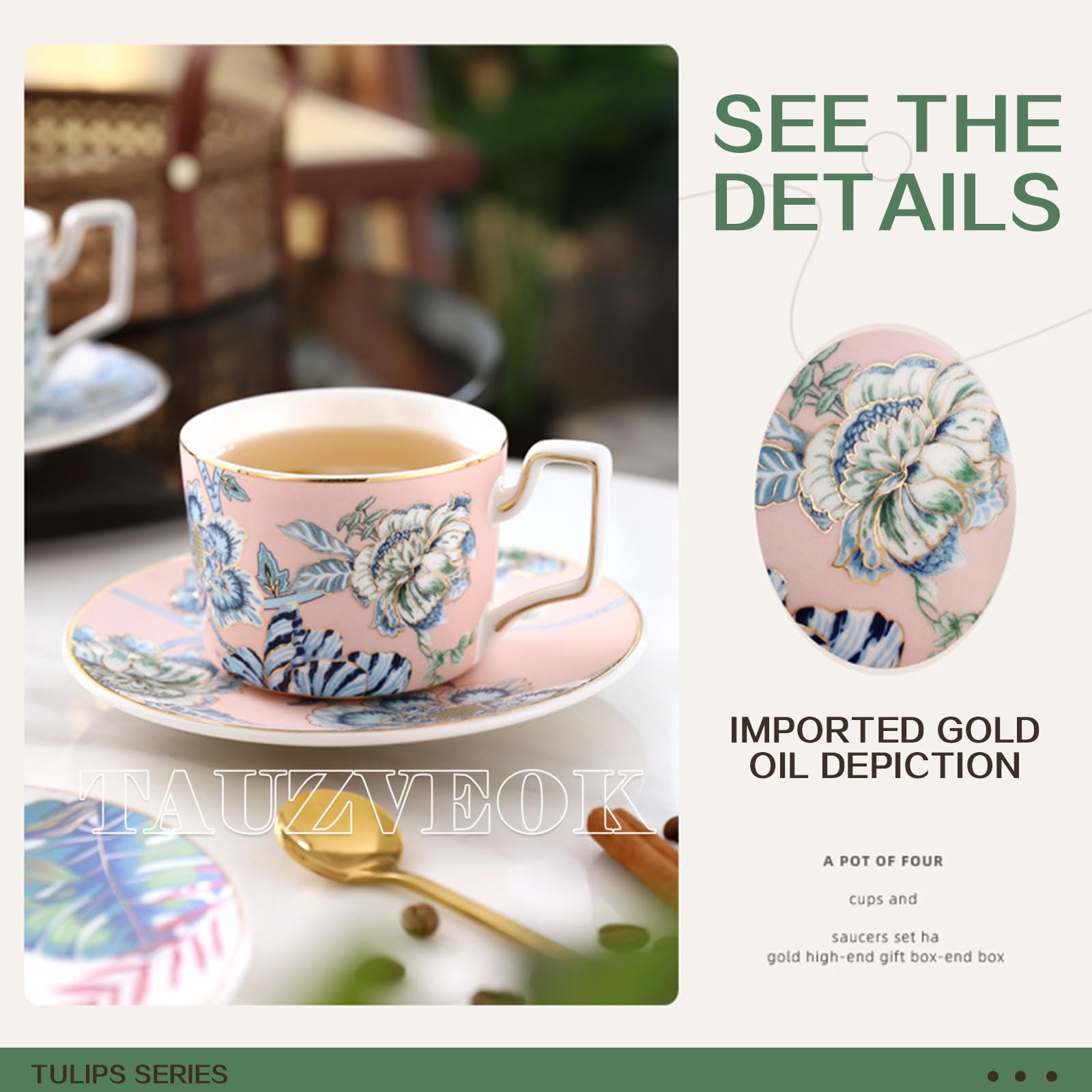 Zestaw filiżanek do kawy espresso ze spodkiem i łyżką, 200 ml kwiatowe kubki ceramiczne, kolorowe porcelanowe filiżanki do herbaty i cappuccino, idealne do użytku domowego lub kawiarni