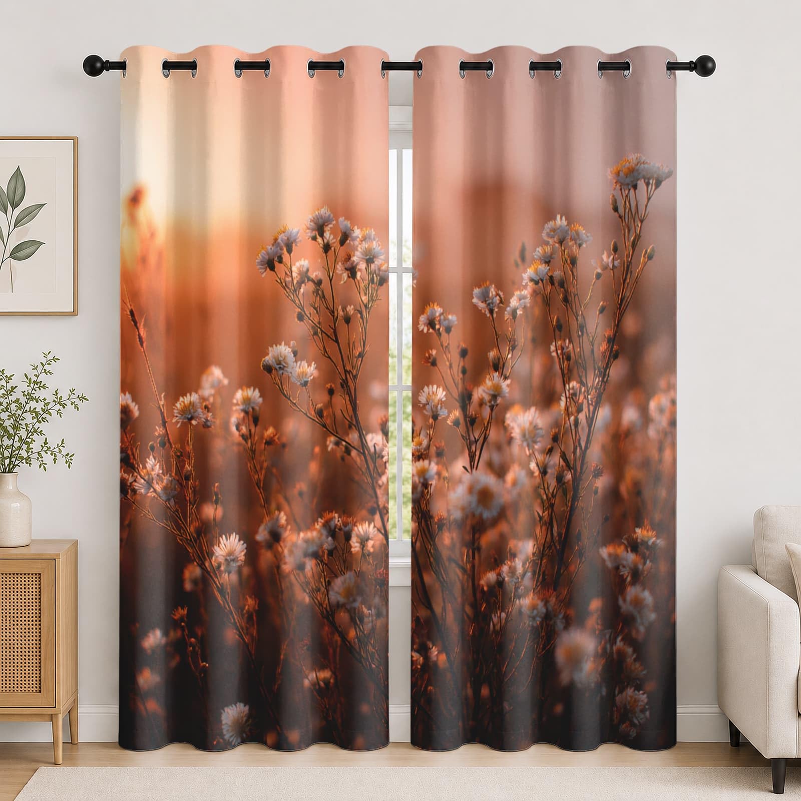 Genérico Cortinas Opacas 140An x 260Al cm (2 Paneles), Escena Pastoral Atardecer Flores Visillo Reductoras Acusticas Antiruido Ojales Dormitorios， MarróN Cortina Termicas PoliéSter para Sala de Estar