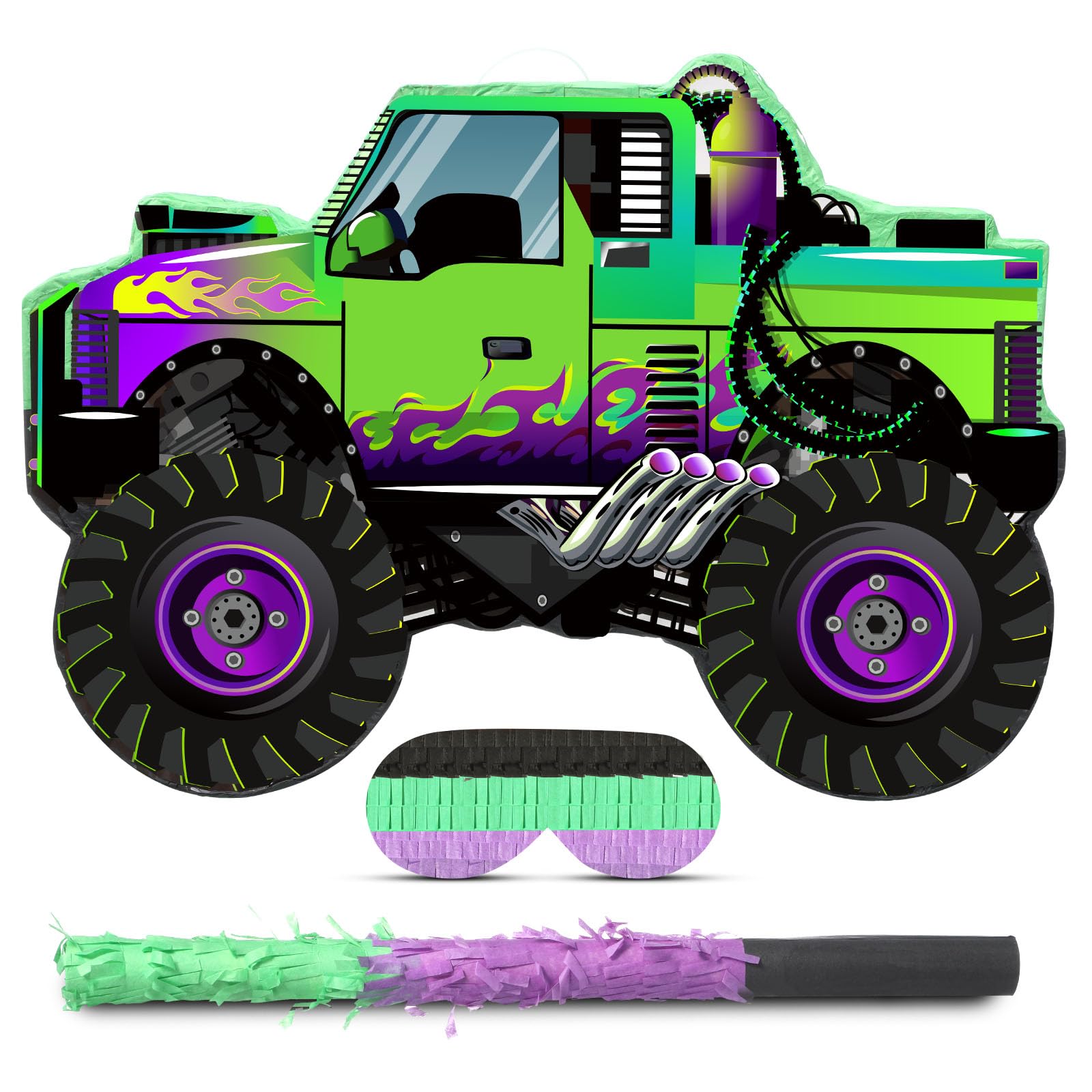 Threan Monster Truck Party Decorations Green and Purple Monster Truck Piñata Racing Car Piñata Game with Stick Blindfold for Adults Cool Birthday Party Decor Supplies