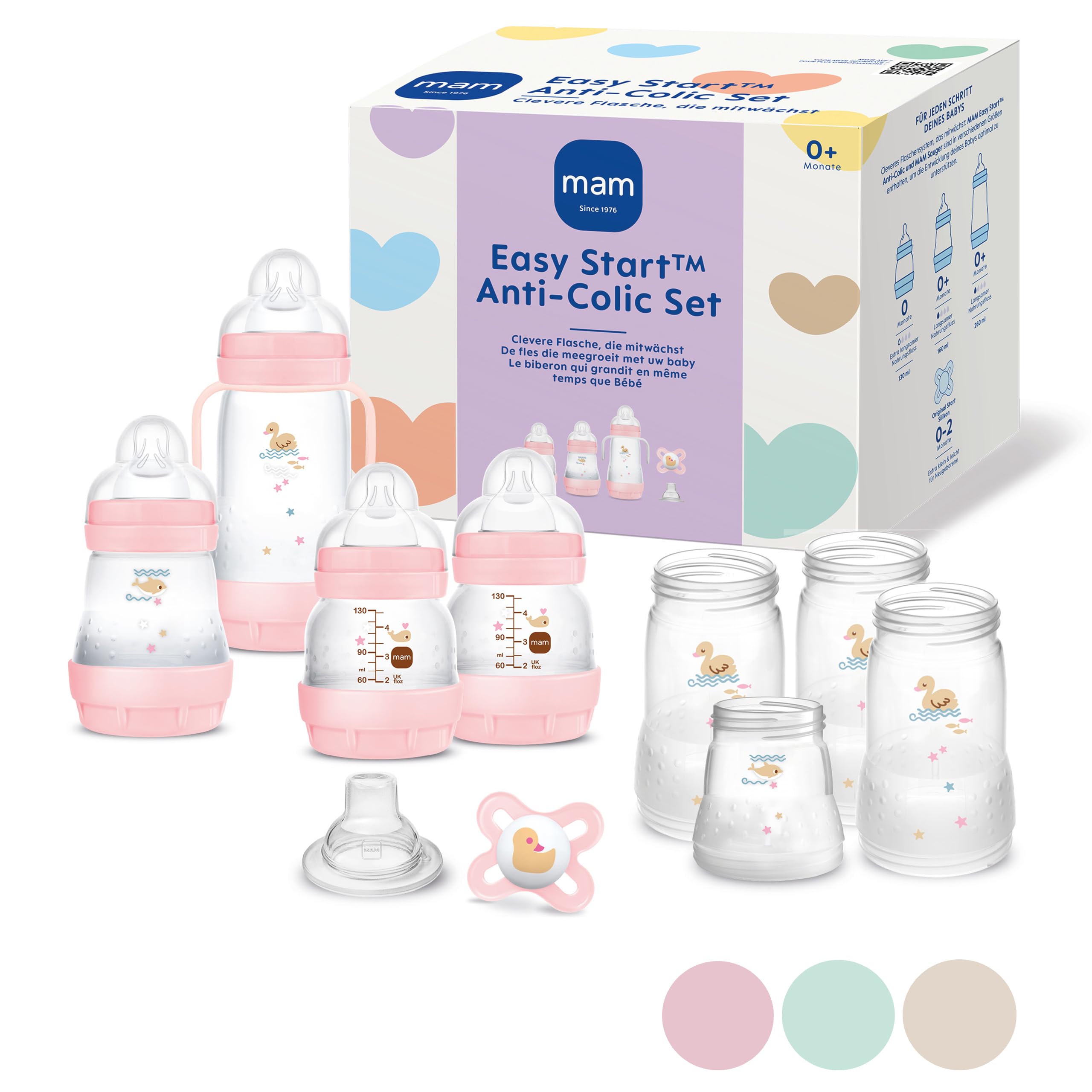 MAM Easy Start Anti-Colic Starter Set, mitwachsende Baby Erstausstattung mit Schnuller, Flaschen & Griffen, Baby Geschenk Set, ab Geburt, rosa