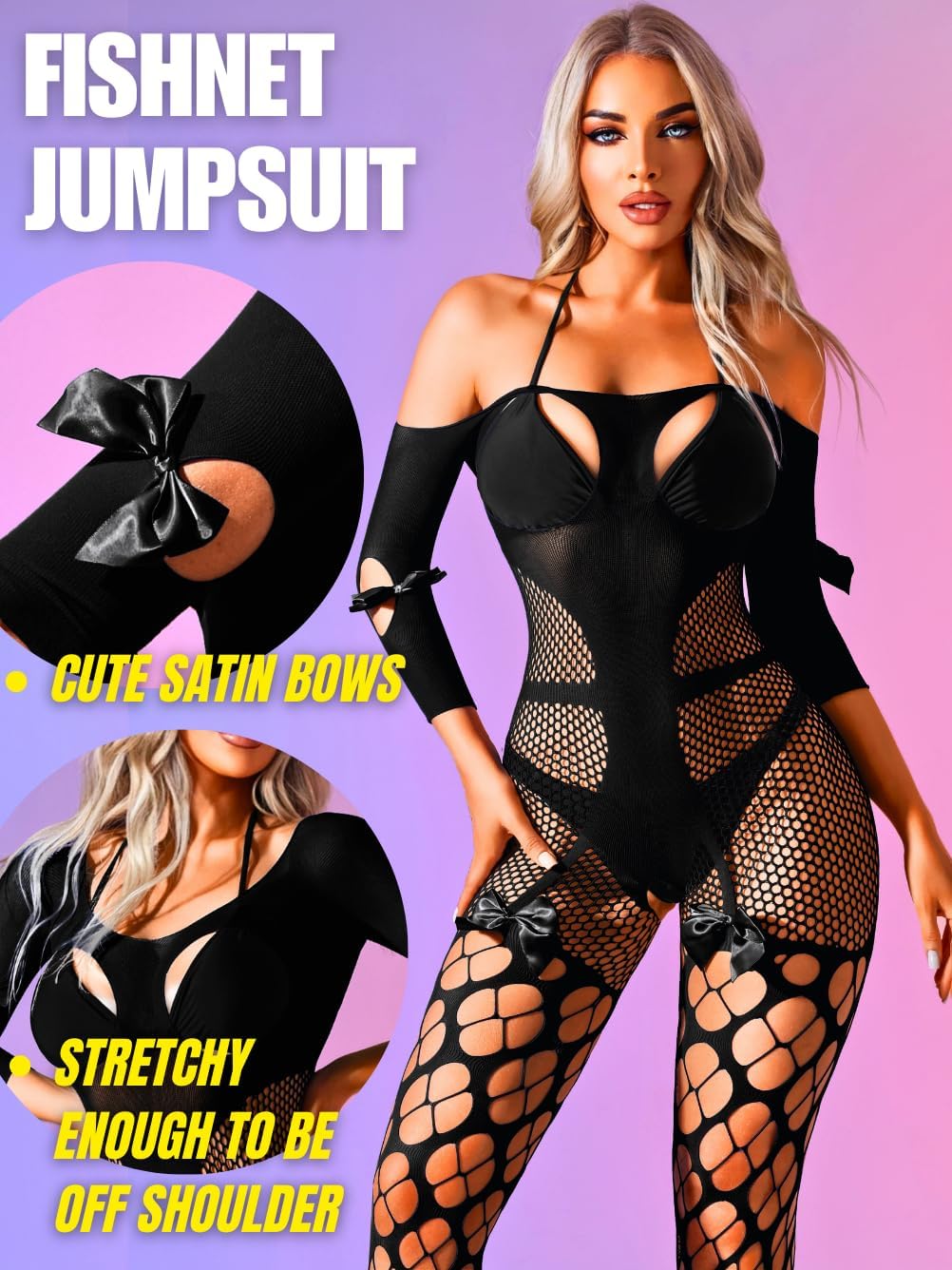 EHSUYAB Women Sexy Bow Lingerie, Off Shoulder Fishnet Bodysuit, Cutout Body Stockings, Exotic Dancer Outfits Rave Plus Size