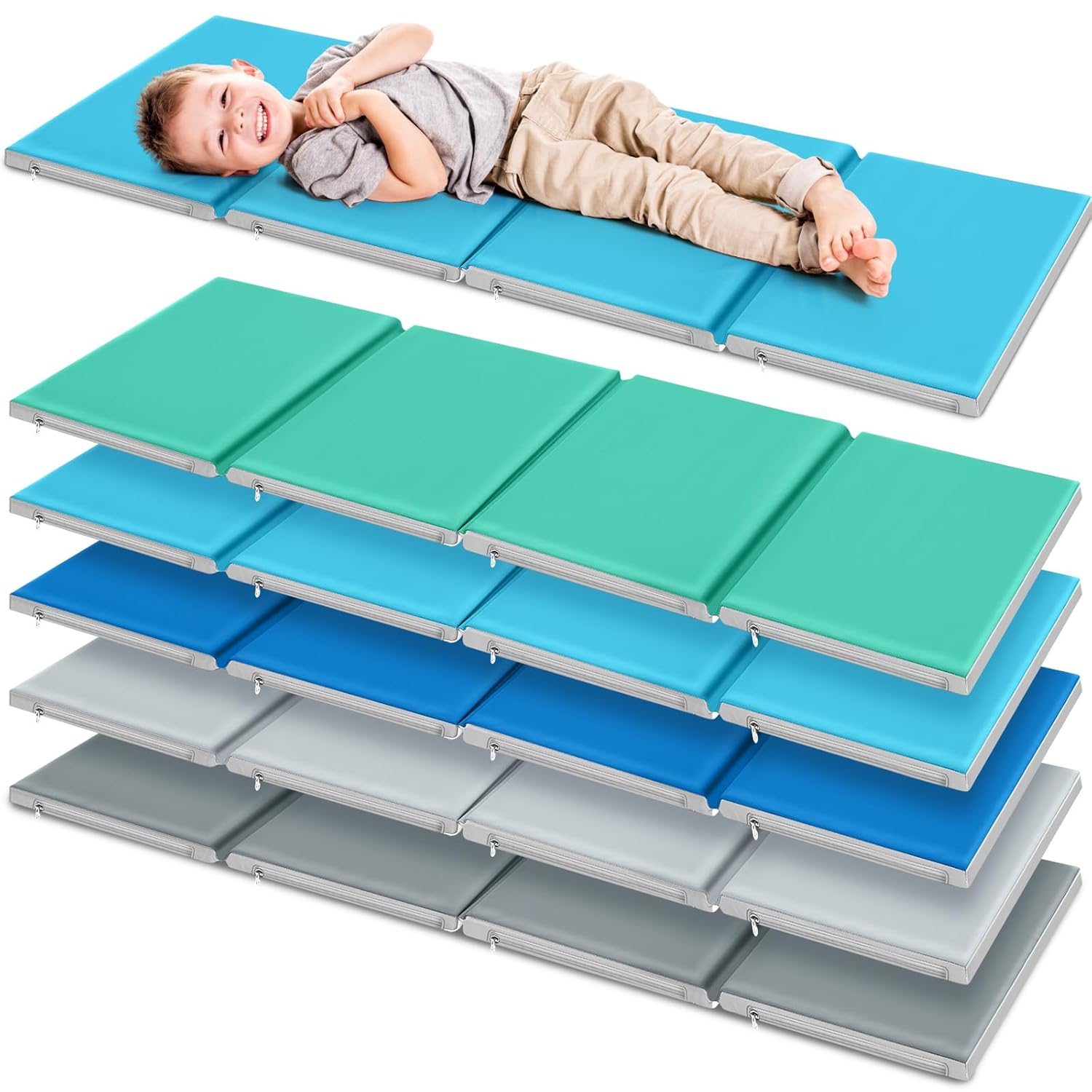 Wesiti 5 Pcs Nap Mats for Preschool 47 x 24" 1inch Thick Folding Rest Mat 4 Section, Sleeping Pad for Kids Children Daycare Nap School Classroom Kindergarten Daycare Travel Home, Bule Green