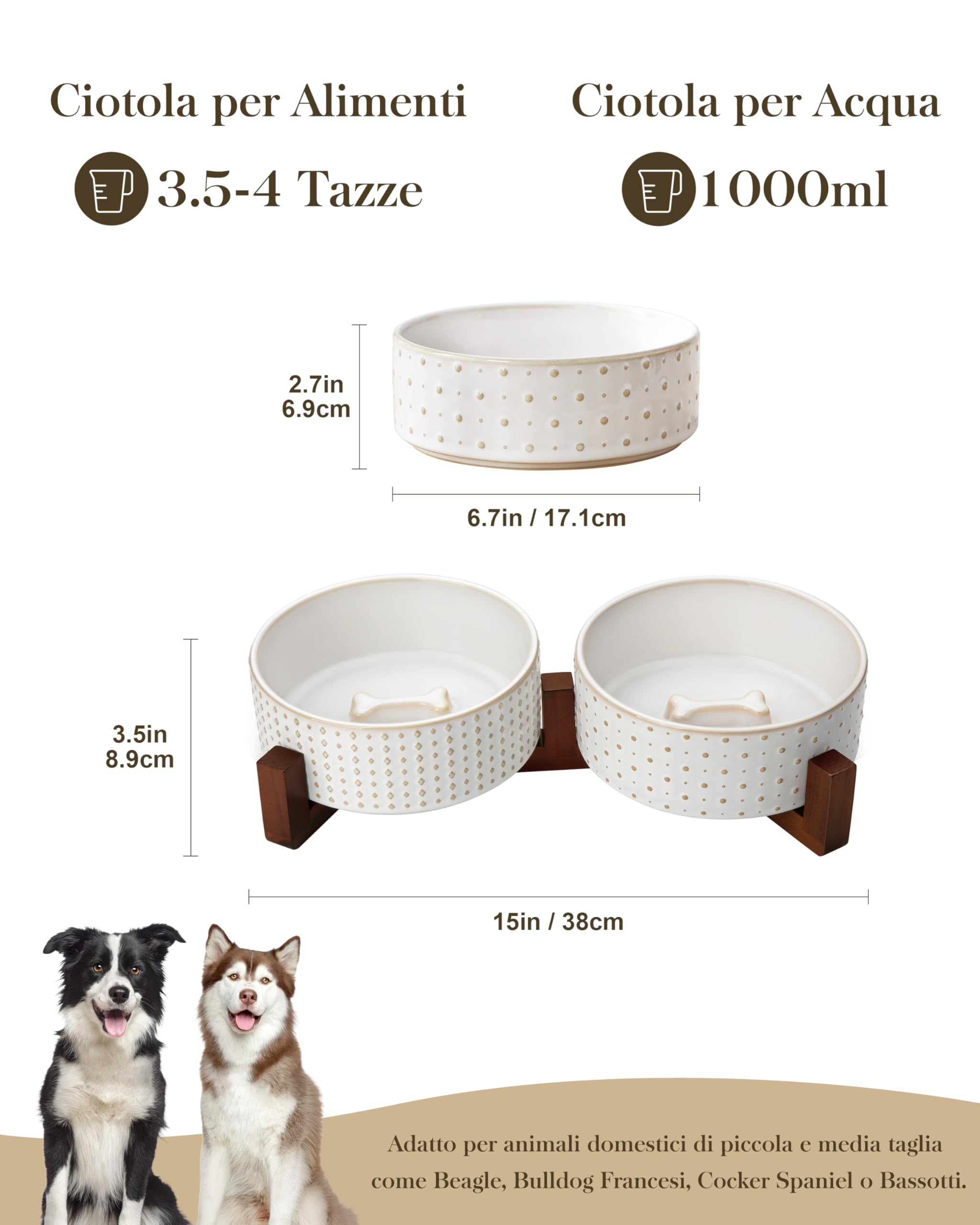 MALACASA Set di ciotole per cani, ciotole in ceramica con supporto in legno di noce, 3,5 tazze | Design a rombi e pois, base antiscivolo, per cani e gatti, circa il 26% più pesante rispetto alle ciotole in ceramica simili