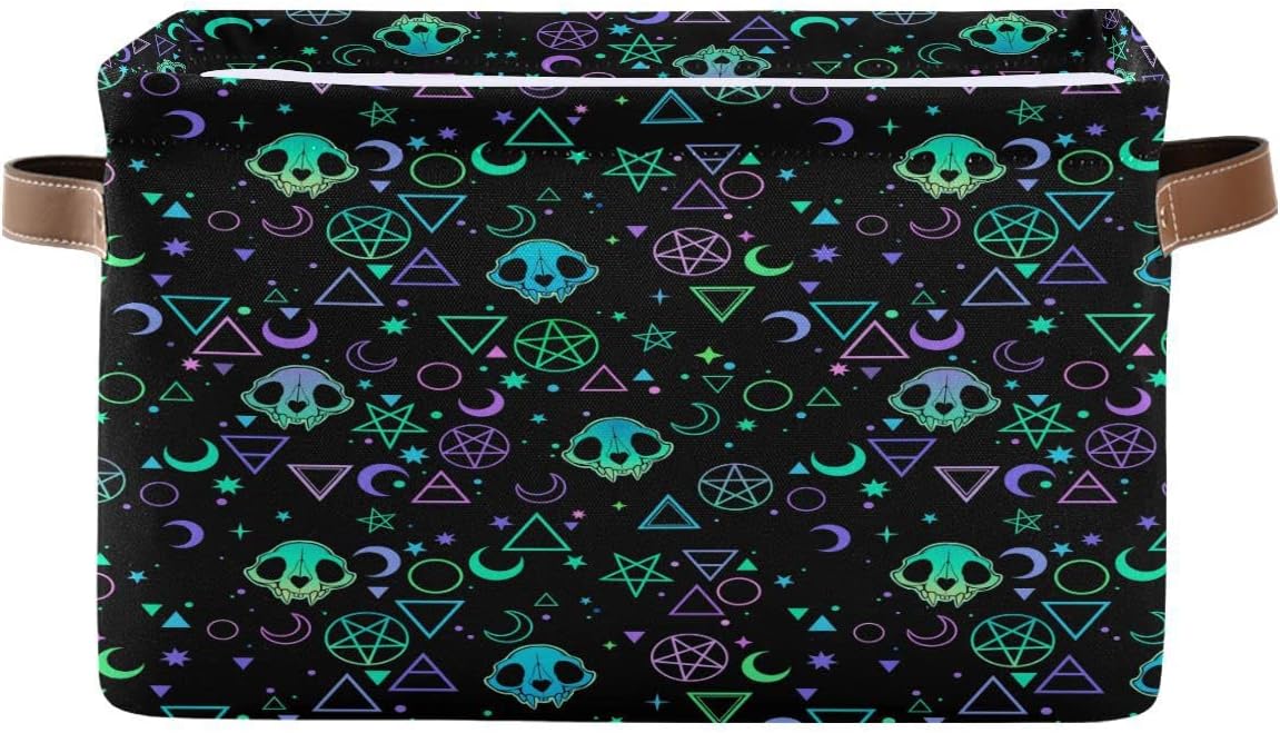 Skull Magic Symbol Storage Basket Fabric Kitchen Baskets Halloween Moon Stars Open Home Storage Bins Boxes Foldable Organizer Bag for Baby Cloth Pet Toy Book Shelf Closet Baskets 16×12×8 Inches