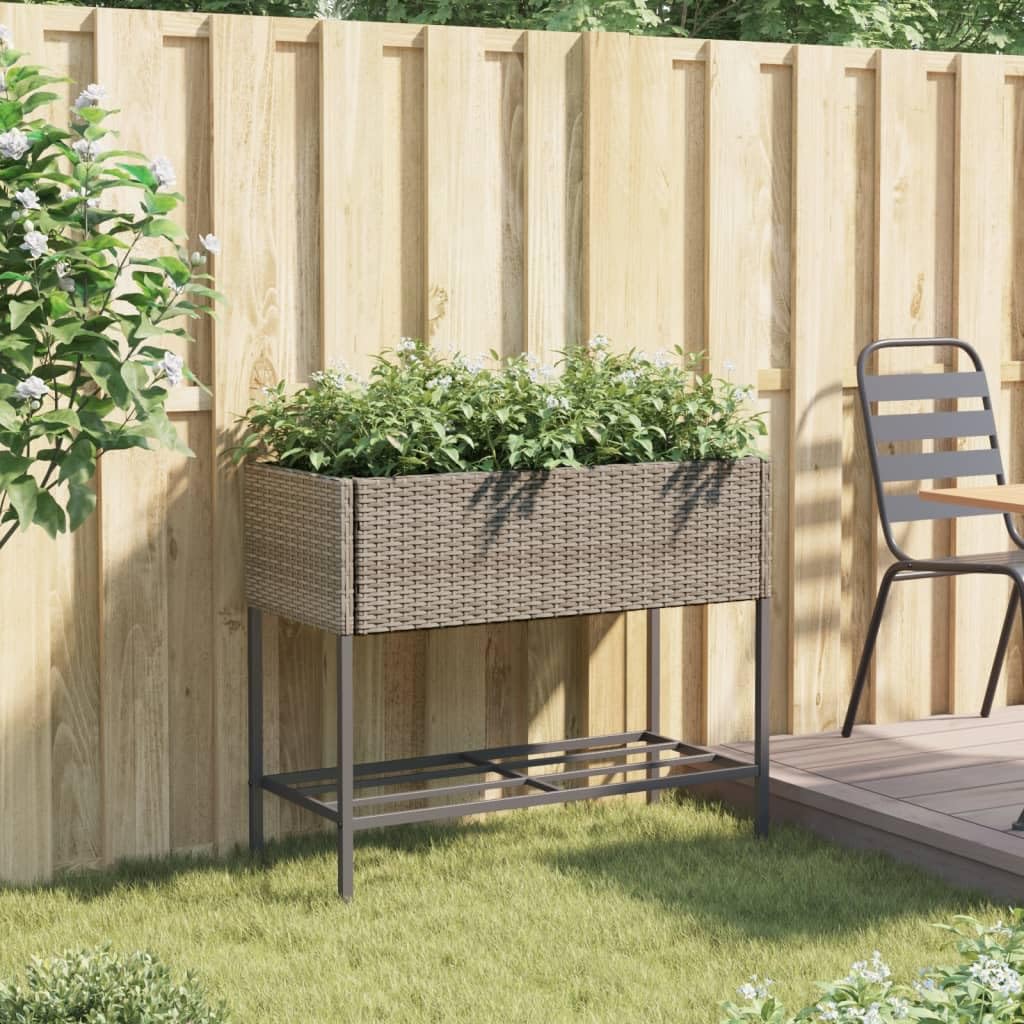 Jardinera de jardín gris 90 x 40 x 75 cm polirratán | Estructura de acero con recubrimiento en polvo, estante de almacenamiento, 2 modos de uso, para exteriores