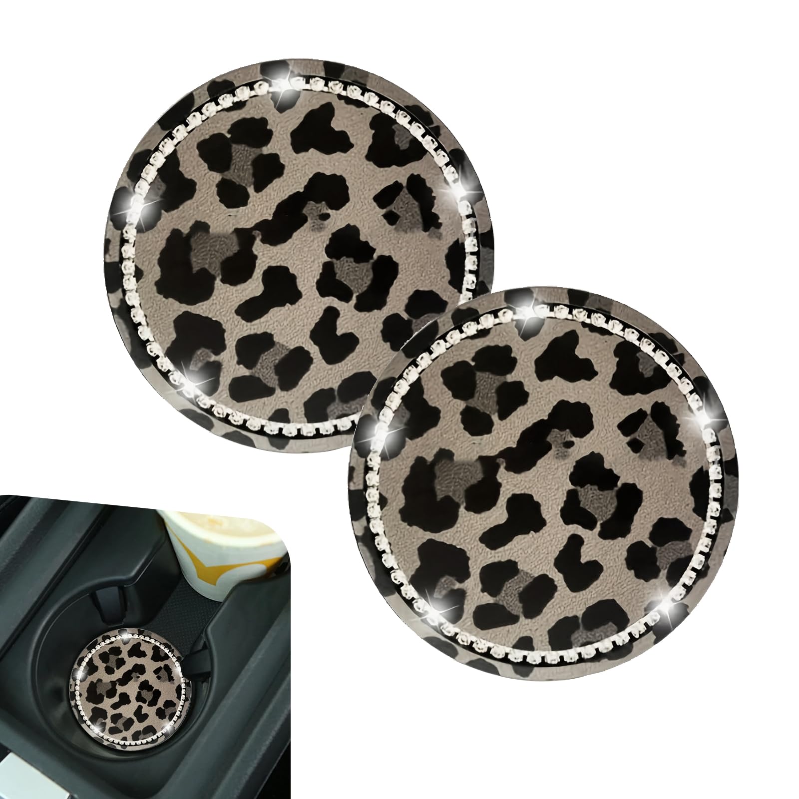 2PCS Car Cup Holder Coaster, No-Slip Silicone Leopard Print Bling Rhinestone Coasters, 2.75" Bling Crystal Leopard Print Cup Holder Coasters, Cheetah Car Accessories for Women Men