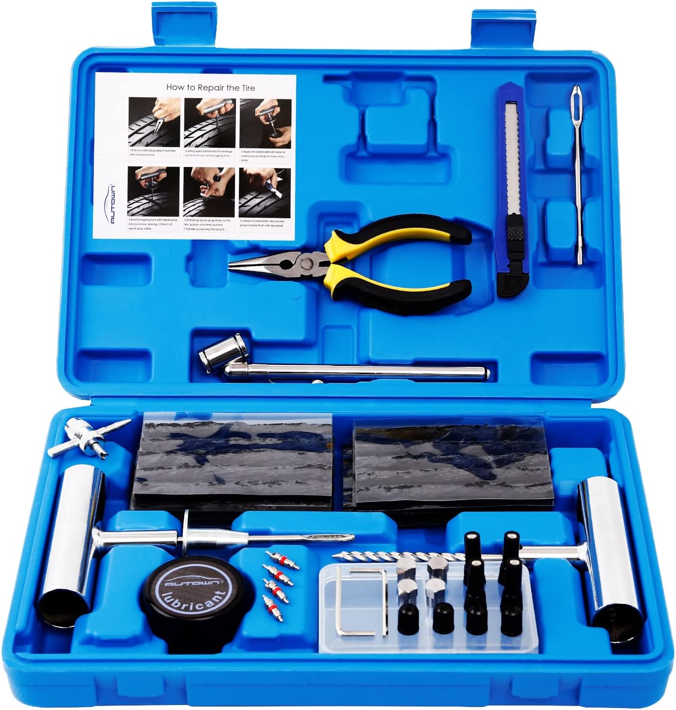 AUTOWN Tire Repair Kit - 68pcs Heavy Duty Tire Plug Kit, Universal Tire Repair Tools to Fix Punctures and Plug Flats Patch Kit for car Motorcycle, Truck, ARB,ATV, Tractor, RV, SUV, Trailer