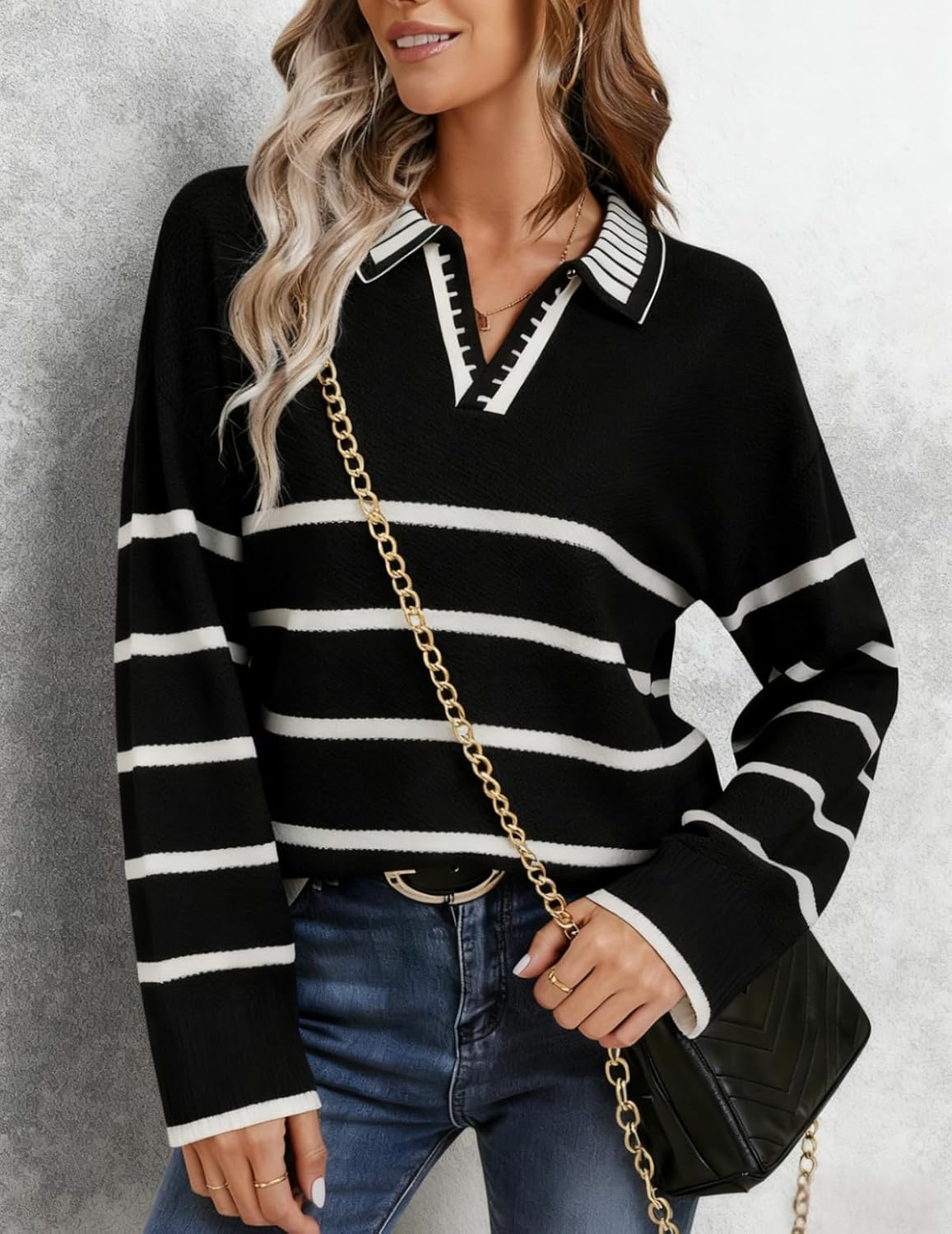 Women's Polo Sweater Long Sleeve V Neck Striped Collared Pullover Fall Sweater Tops 2025 - Image 2