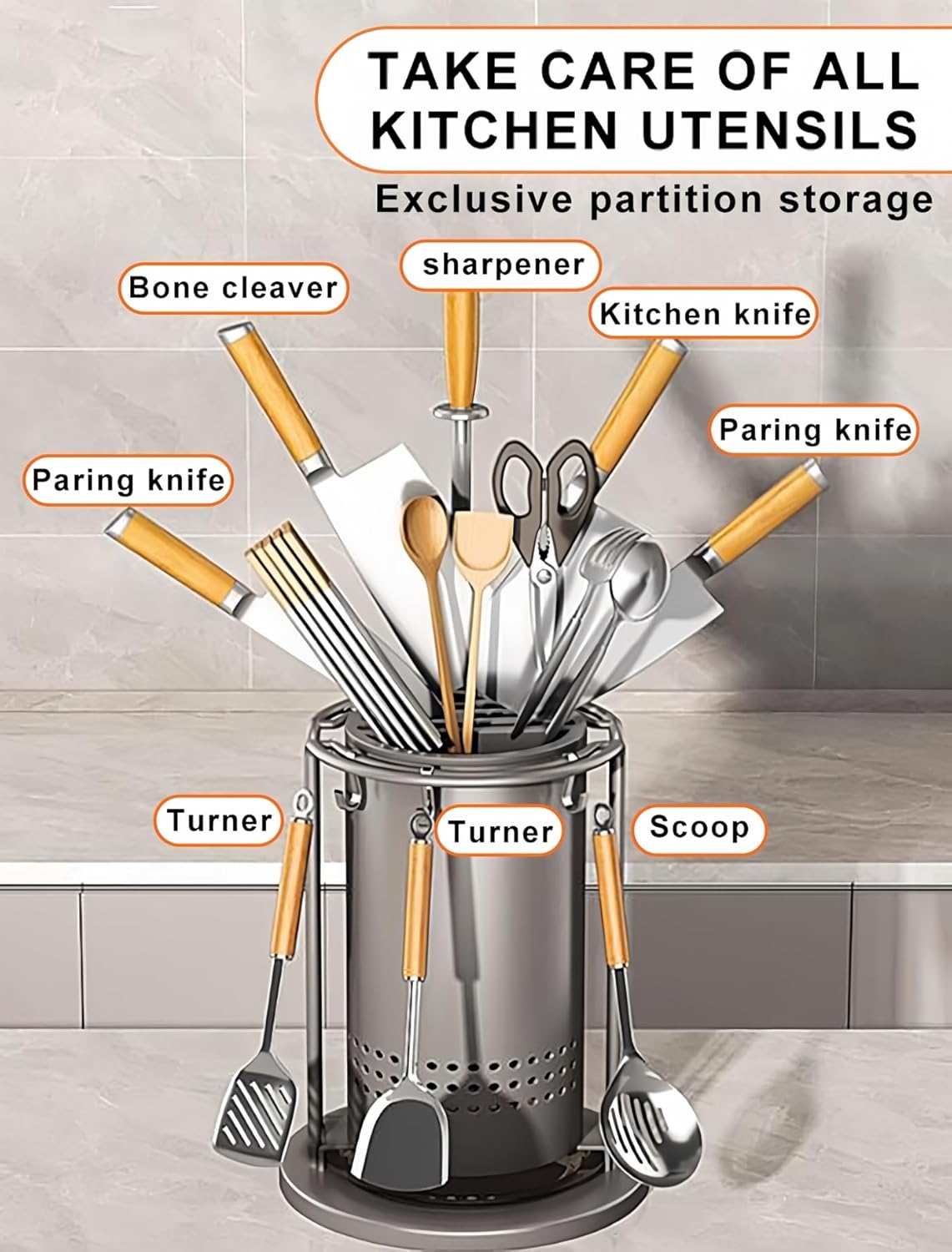 360°Rotating Knives Holder for Countertop, Utensil Holder for Kitchen, Multifunctional Cooking Utensil Crock for Kitchen Utensil Storage, Rotating Kitchen Utensil Holder