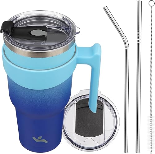Miniatura 17 de Vaso de 30 onzas con asa y 2 pajitas, 2 tapas, botella de agua aislada de acero inoxidable con vacío, taza de viaje reutilizable, color lavanda