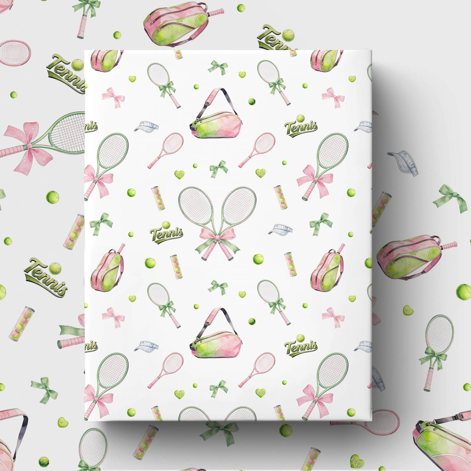GleeWrap Tennis Wrapping Paper, Preppy Pink Green Gift Wrap for Girls, Watercolour Tennis Racket & Bows Wrapping Paper for Birthdays, Tennis Parties & Summer Celebrations, 4 Sheets 50x70cm