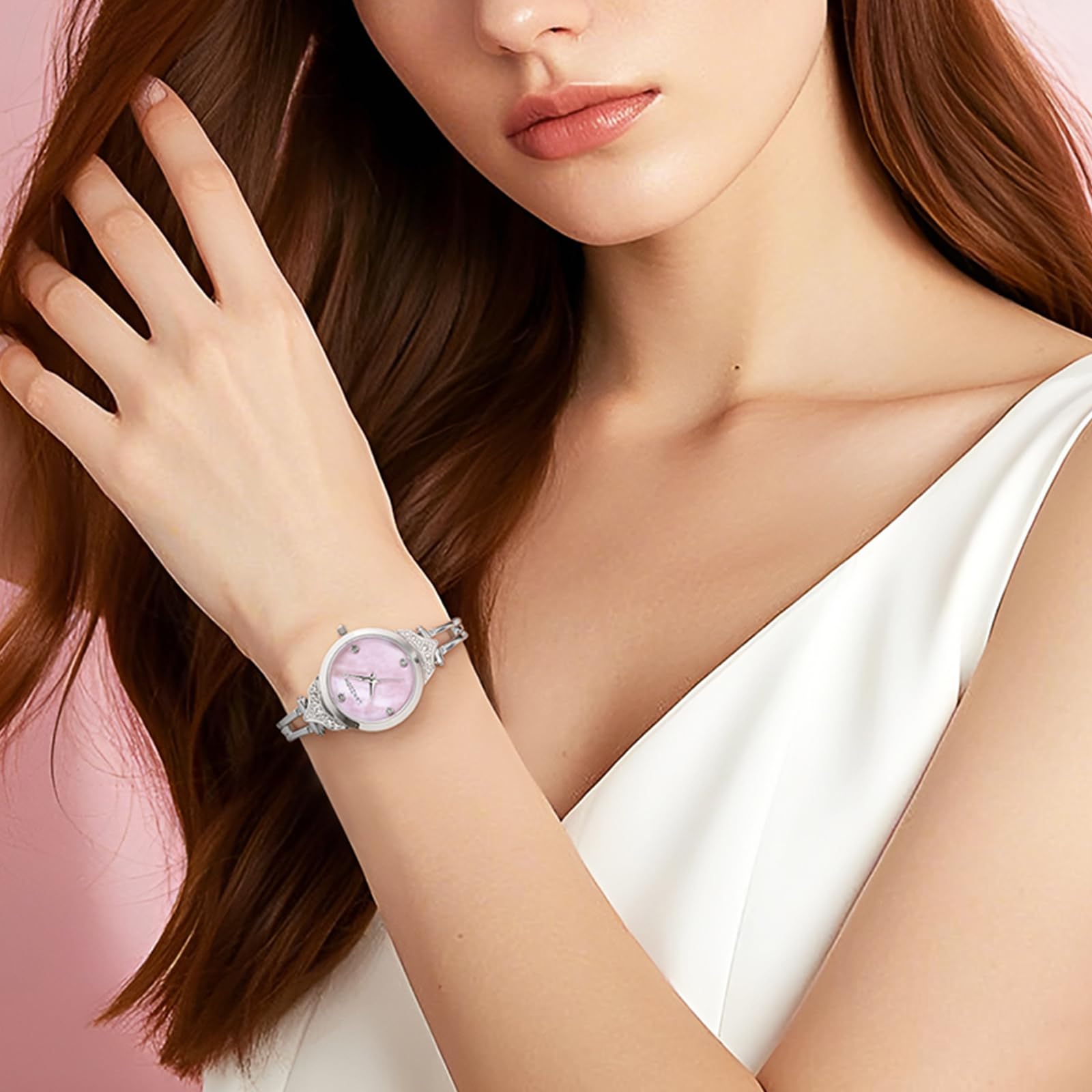 LANZOOM Damen-Armbanduhr, silberfarbenes Perlmutt-Zifferblatt mit Diamant-Akzenten, Meerjungfrauenschwanz-Design, 23 mm Gehäuse, minimalistisch, elegant, Geschenk für Sie
