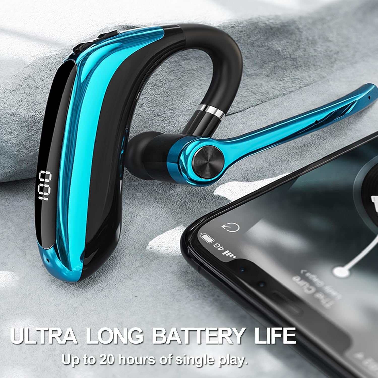 CNBRO M80A Headset displaying '100' battery life on a digital screen, next to a smartphone.