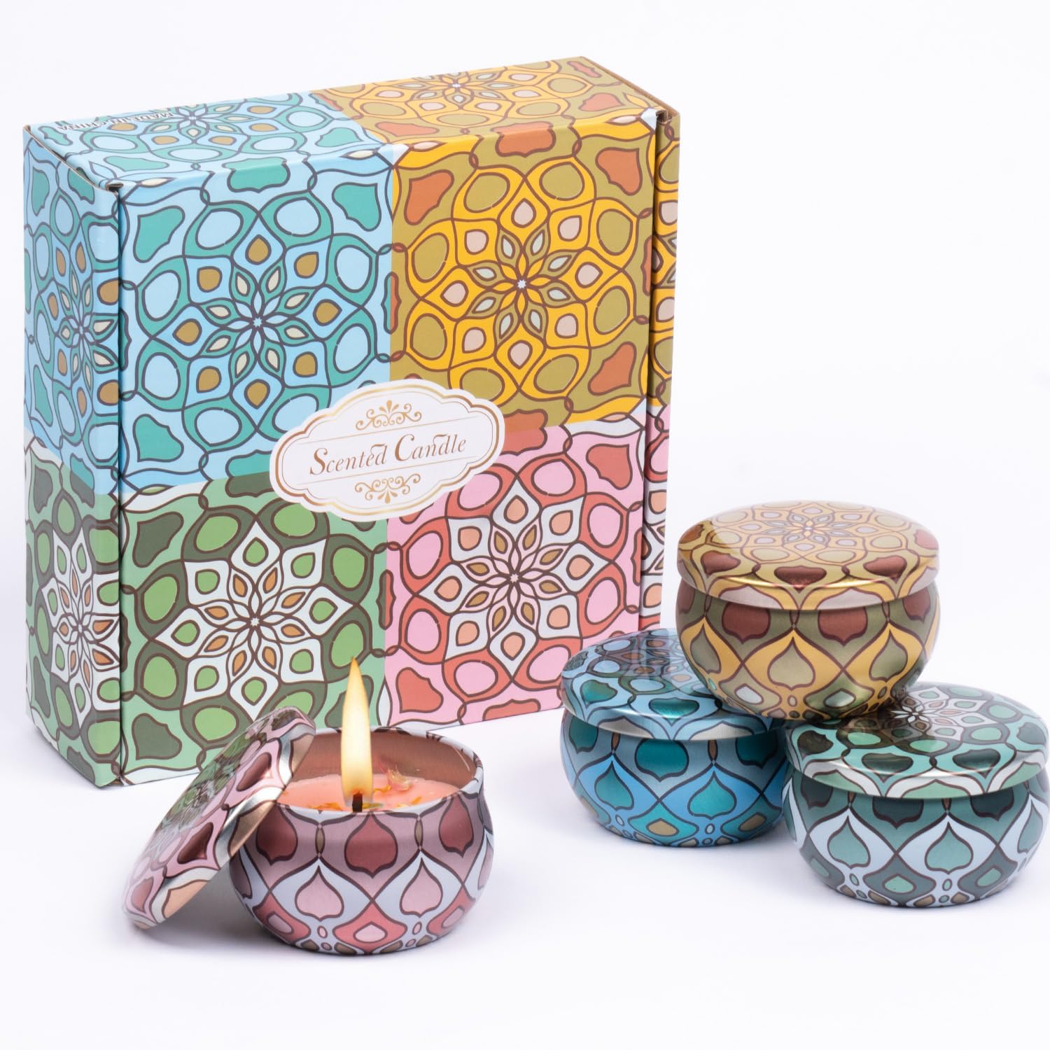 2.5 oz Aromatherapy Candles Gift Set – 100% Natural Soy Wax, 4-Pack,60-Hour Burn Time, Relaxing Home Scented Candles with Cocoa, Jasmine, Vanilla & Lemon – Perfect for Festivals, Parties & Birthdays