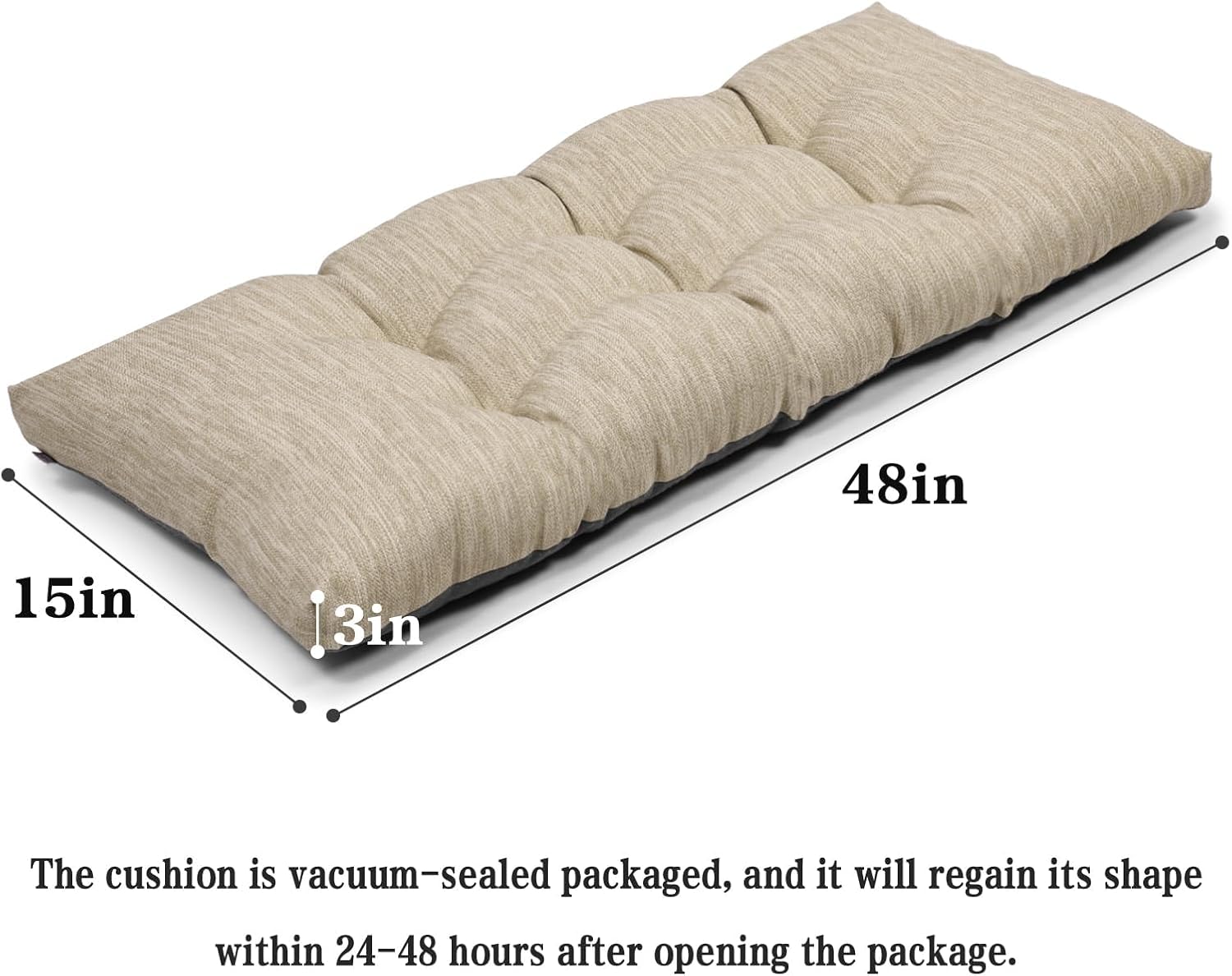 baibu 48 Inch Classic Solid Color Bench Cushion with Ties, Super Soft Indoor Outdoor Rectangle Bench Seat Cushion Standard Size Foam Pad with Non-Slip Bottom - One Pad Only (Beige, 48x15x3in)