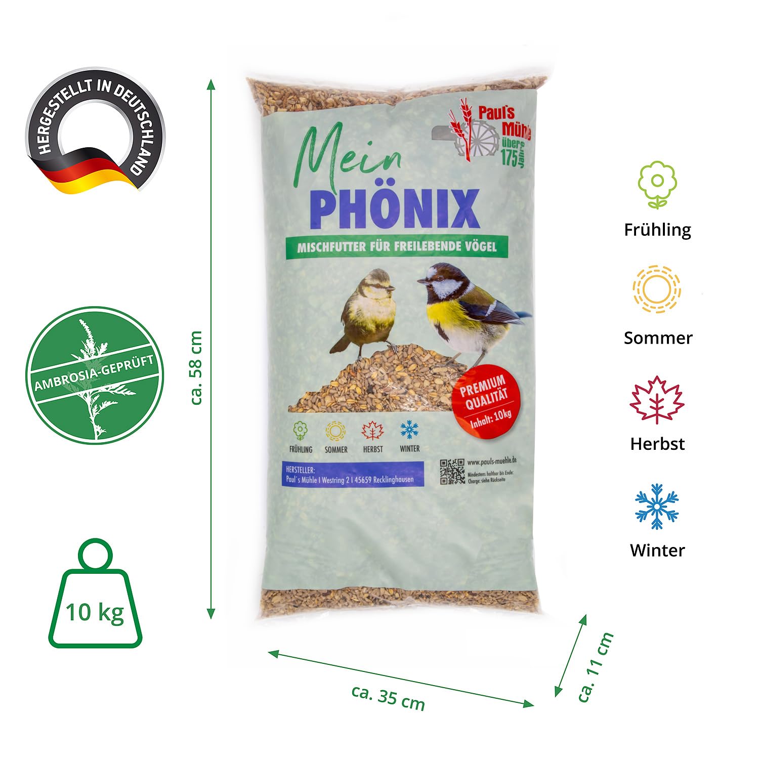 Paul´s Mühle Wildvogelfutter, Vogelfutter ideal für Brutzeit und Aufzucht, Phönix, 10 kg