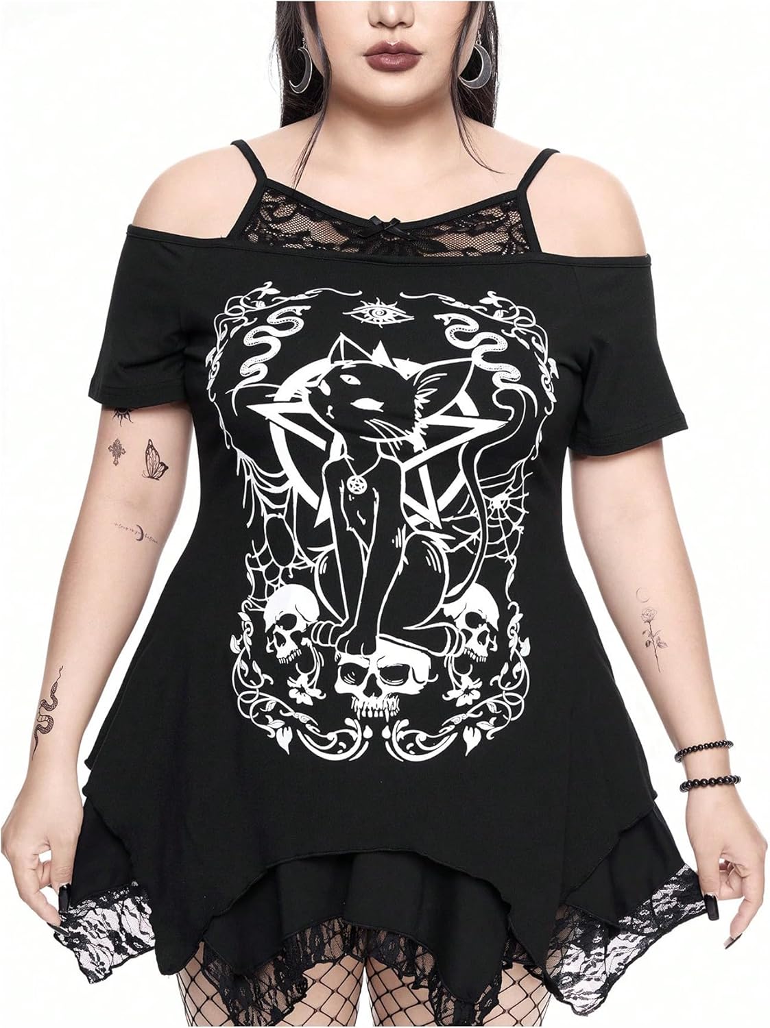 SOLY HUX Women's Plus Size Gothic Cold Shoulder Graphic Tee Shirts Short Sleeve Y2k Tops Festival Rave Outfits Streetwear - Image 3