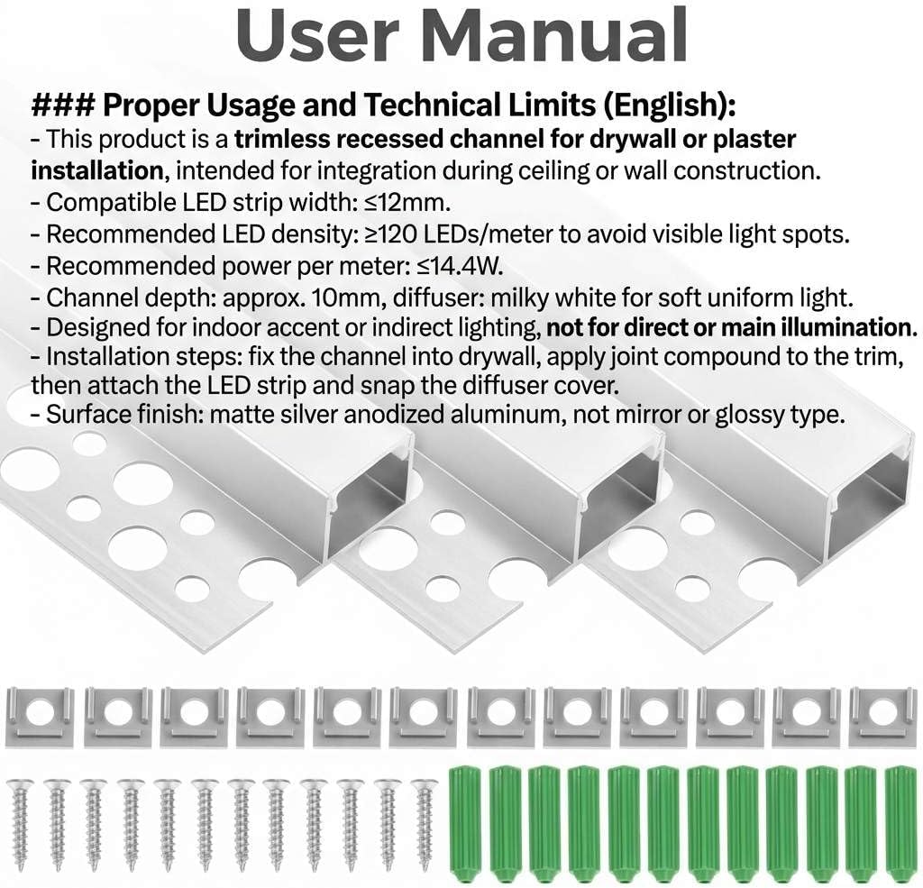 QWORK Trimless Recessed LED Channel 6 Pack 3.3FT – Matte Silver Aluminum for Drywall, Ceiling & Accent Lighting