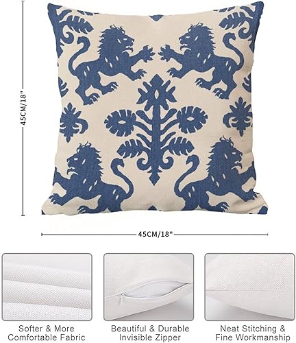 Miniatura 7 de Funda de almohada europea de león regalia azul marino y beige con estampado de animales chinoiserie, funda de cojín asiática de 18 x 18 pulgadas,