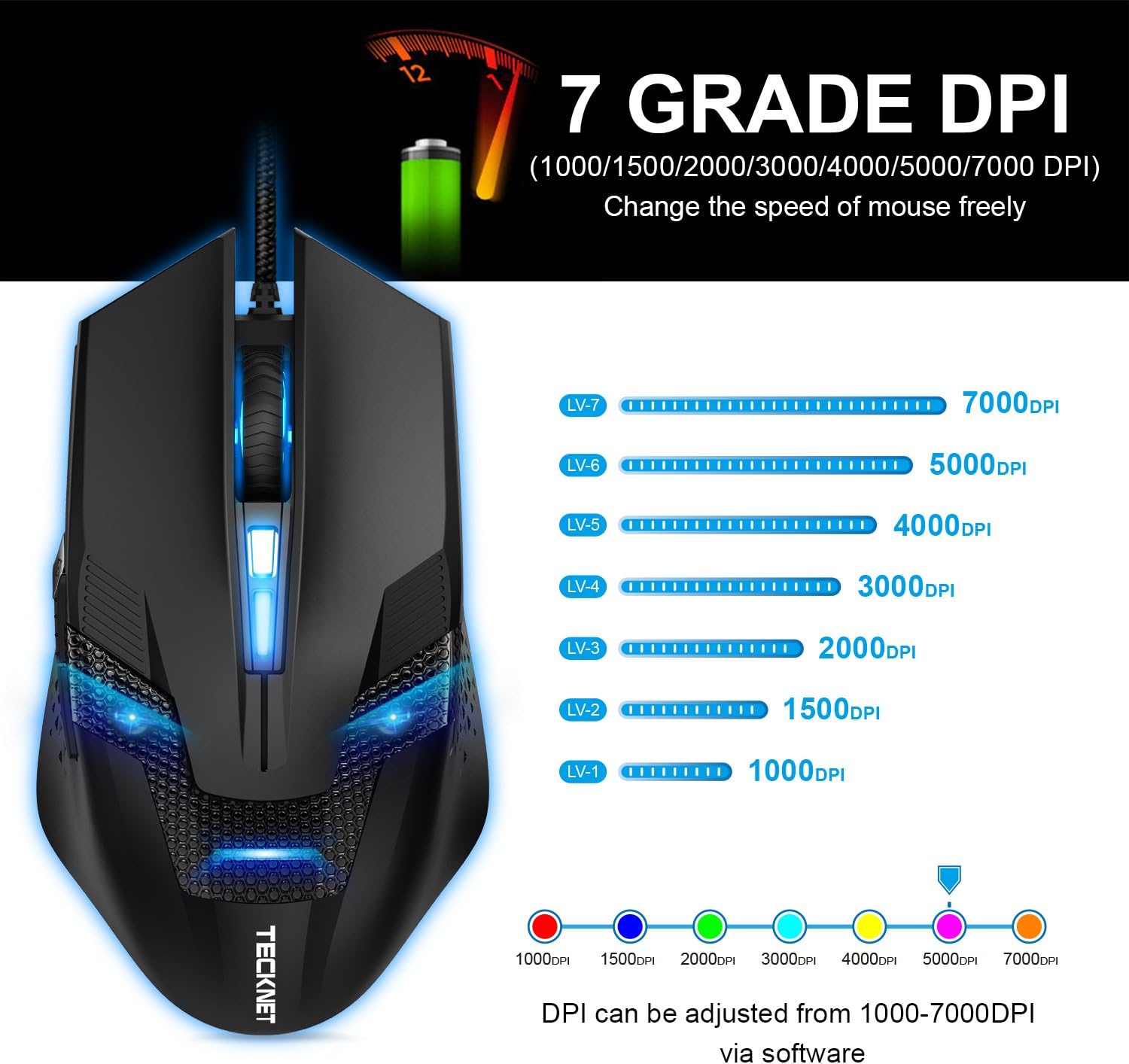 TECKNET Wired Gaming Mouse, Programmable Optical Computer Mice with Premium 7000DPI Sensor, 8 Programmable Buttons, 8 Breathing Light, Ergonomic Design, RGB Light, Support PC Laptop Desk