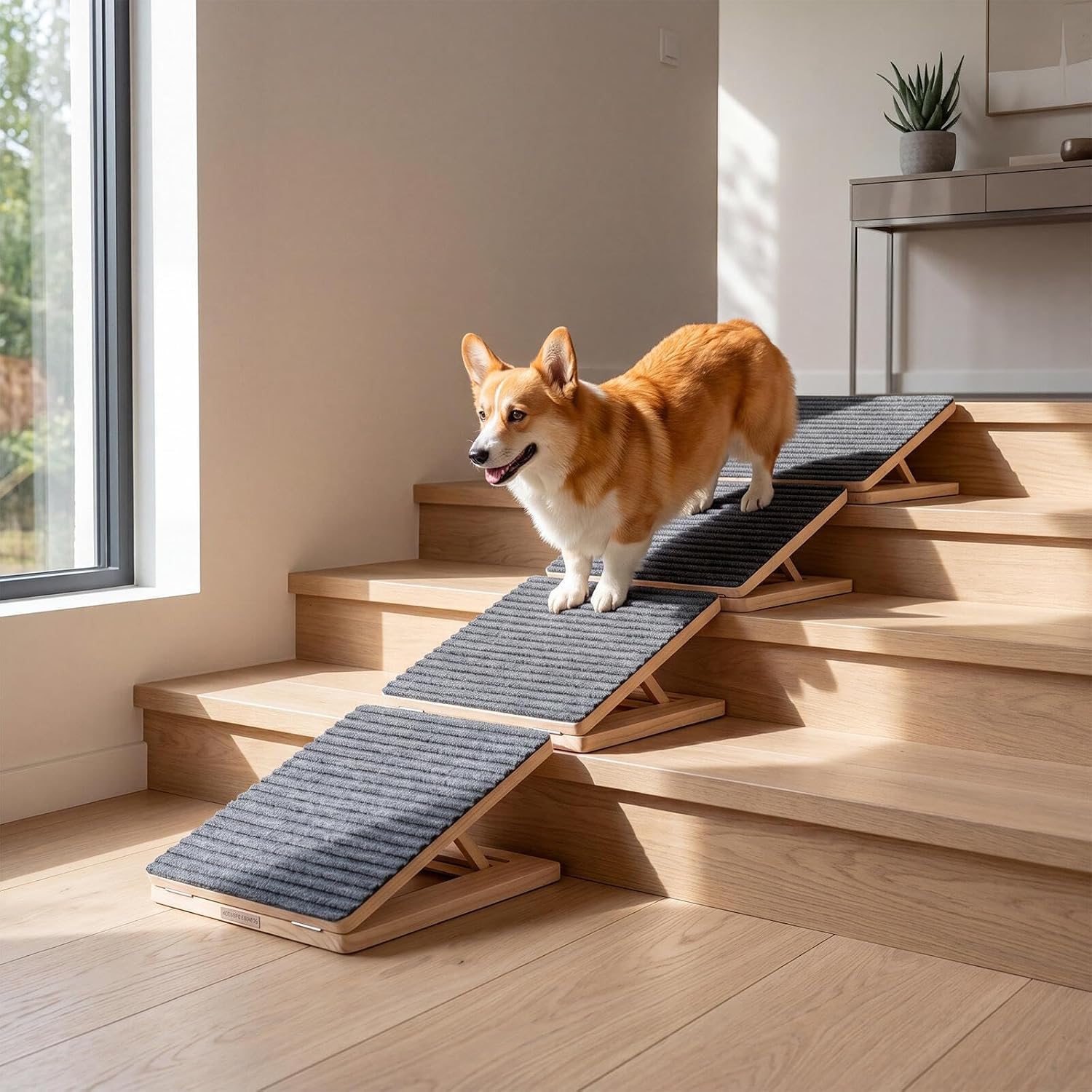 Dog Ramp for Stairs, 3Pcs Wooden Pet Steps for Small Dogs, Foldable Anti-Slip Stair Ramp for Senior, Short-Legged & Injured Pets, Adjustable Low-Angle Dog Stair Wedge