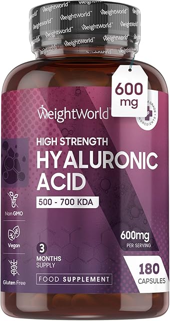 Hyaluronic Acid Supplement 600mg (500-700 KDA) - 180 Vegan Triple Strength Hyaluronic Acid Capsules - 3 Month Supply - Natural Skin, Hair & Joint Supplement for Women & Men - Superior Absorption