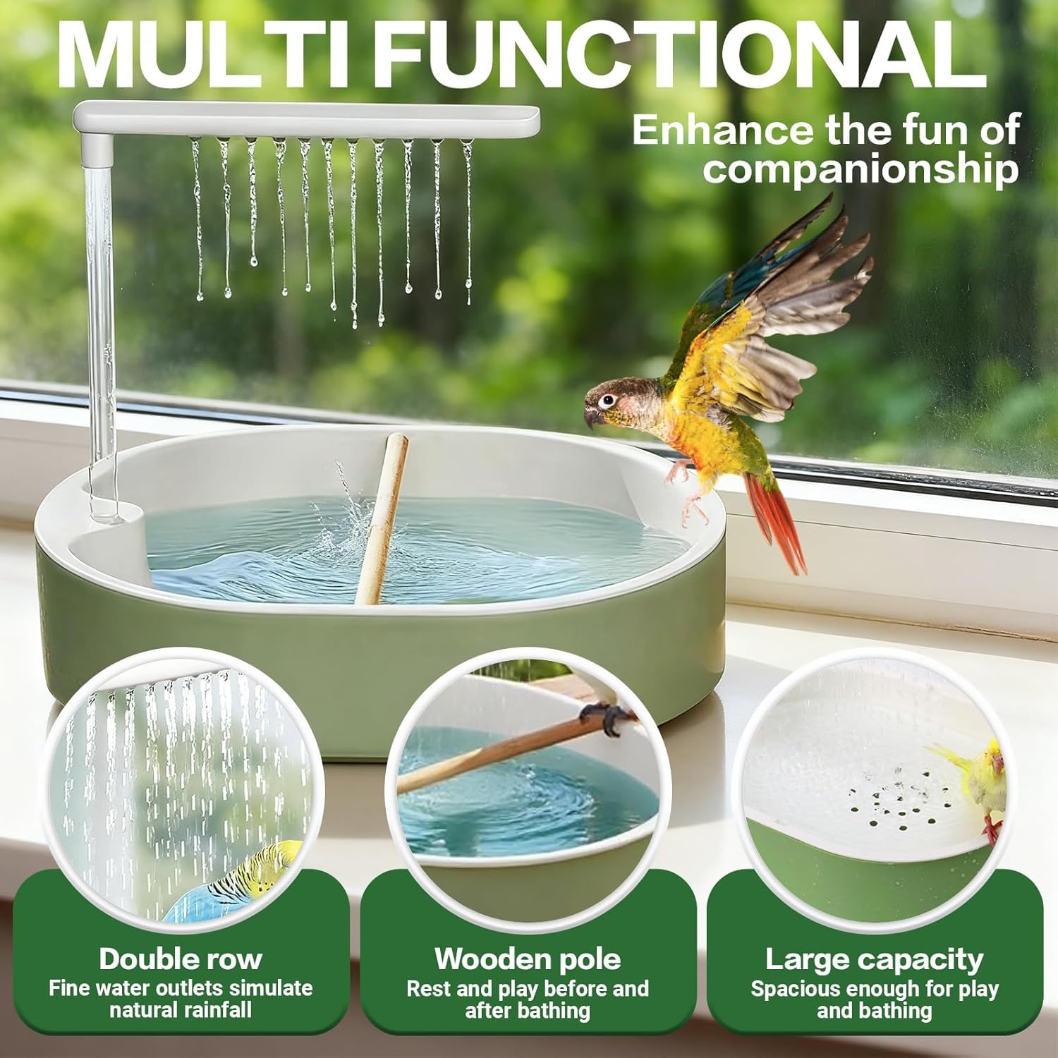 Vogeldusche Wellensittiche, Automatische Vogelbad mit USB Pumpe, Leise Vogel Dusche mit Wasserfall, Vogelbadewanne für Sittiche, Nymphensittiche und kleine Papageien, Grün