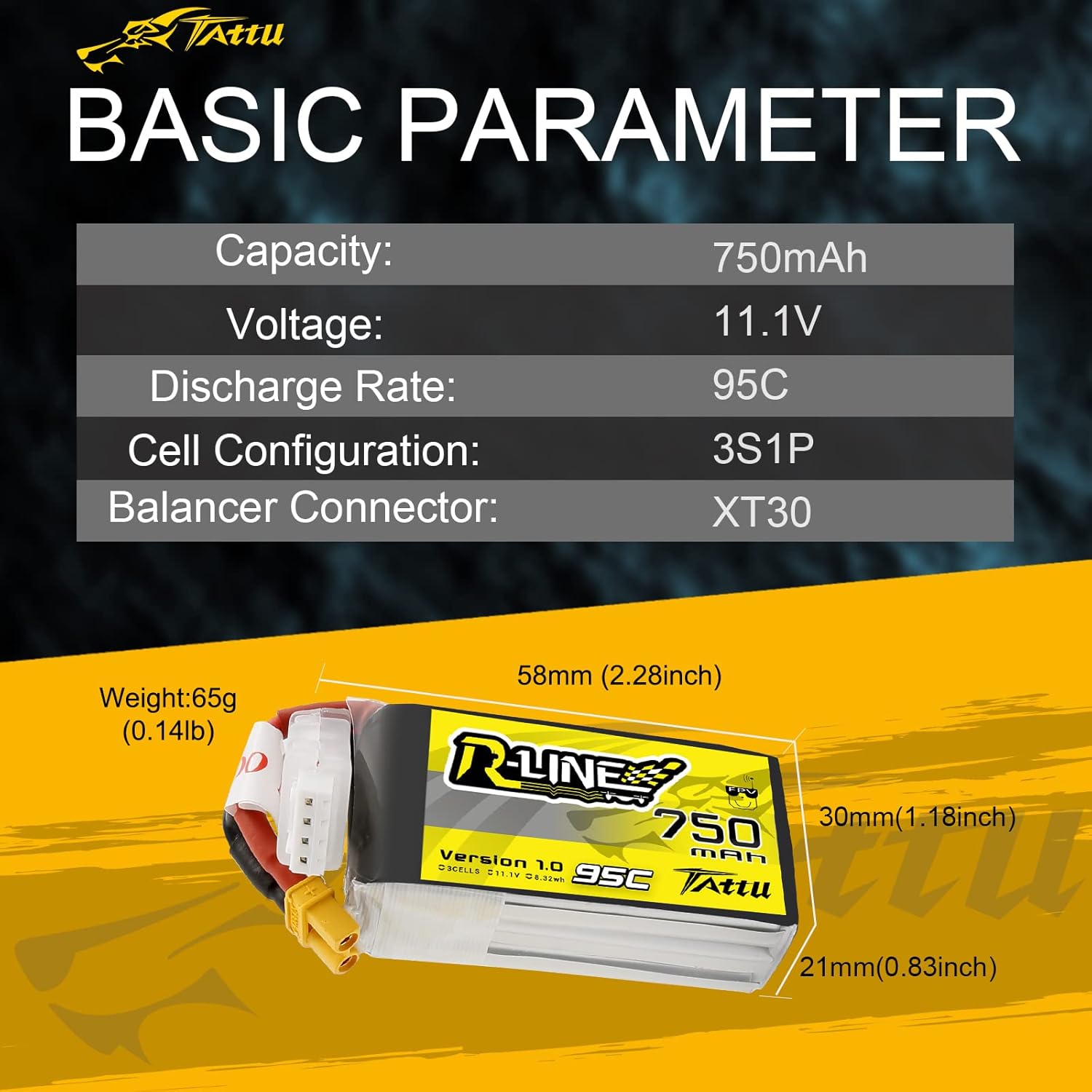 TATTU R-Line 3S Lipo Battery Pack 750mAh 11.1V 95C with XT30 Plug for FPV Racing Quadcopter from Size 100 to 180
