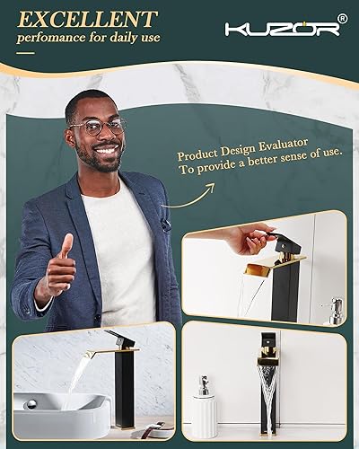 Miniatura 3 de Grifo de lavabo alto en cascada de color negro y dorado, grifo de baño de acero inoxidable 304 de un solo orificio con drenaje desplegable de metal,