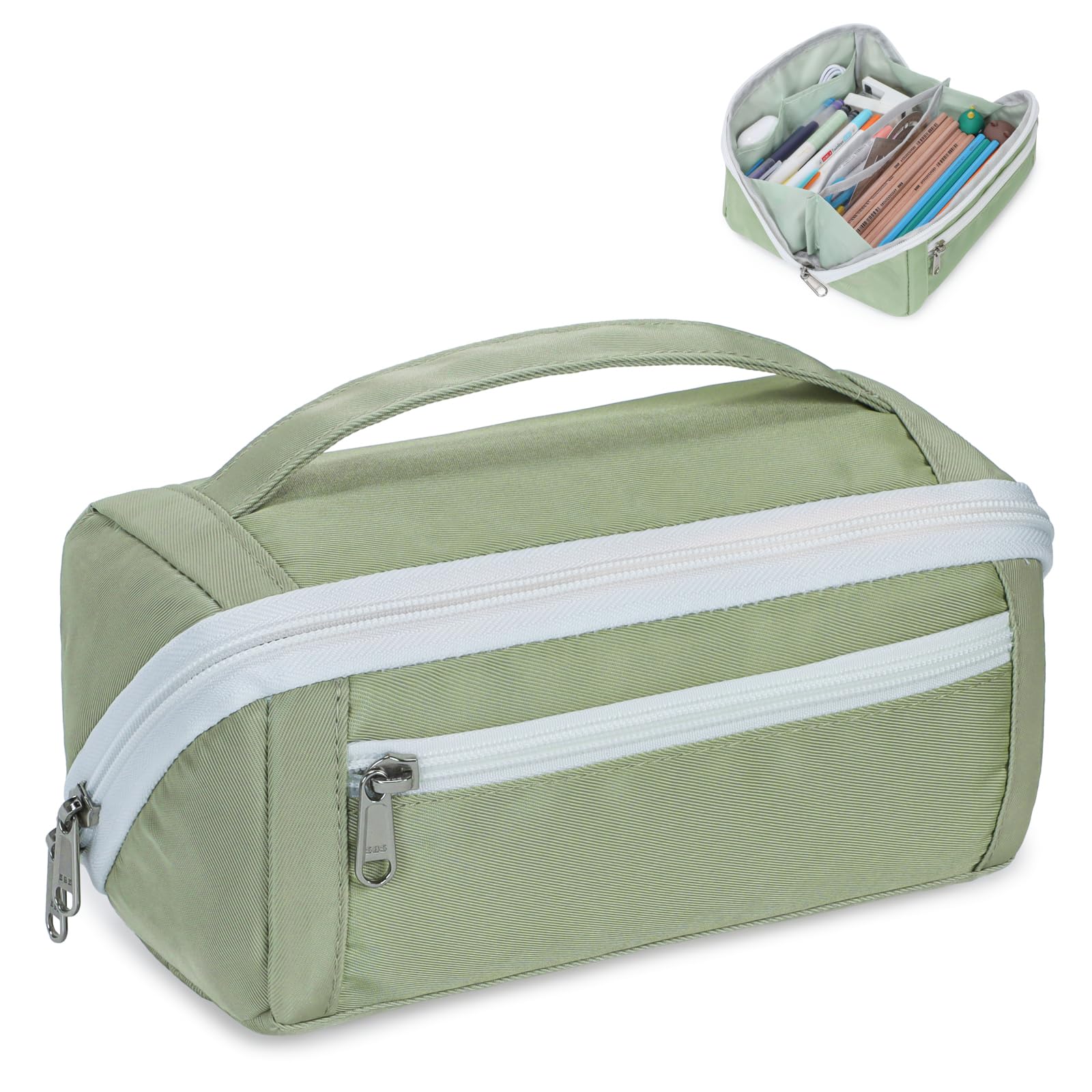 Large Pencil Pouch - 8 Compartments, Wide Handle Organizer Bag | Wide Open Pen Bag, Flexible Dividers &amp; Side Pockets, Handle, 900D Fabric, College Supplies for Teens, Green