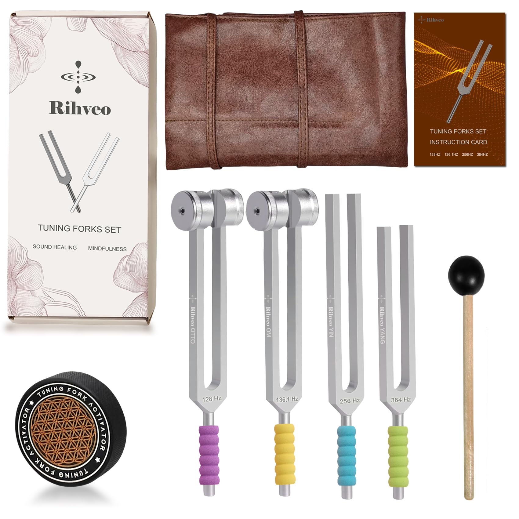 Tuning Forks for Healing Set (128Hz, 136.1Hz, 256Hz, 384Hz) with Activator & Reflex Hammer, Sound Therapy Instruments for Chakra/Yoga/Meditation, Frequency Healing Devices in Vegan Leather Pouch