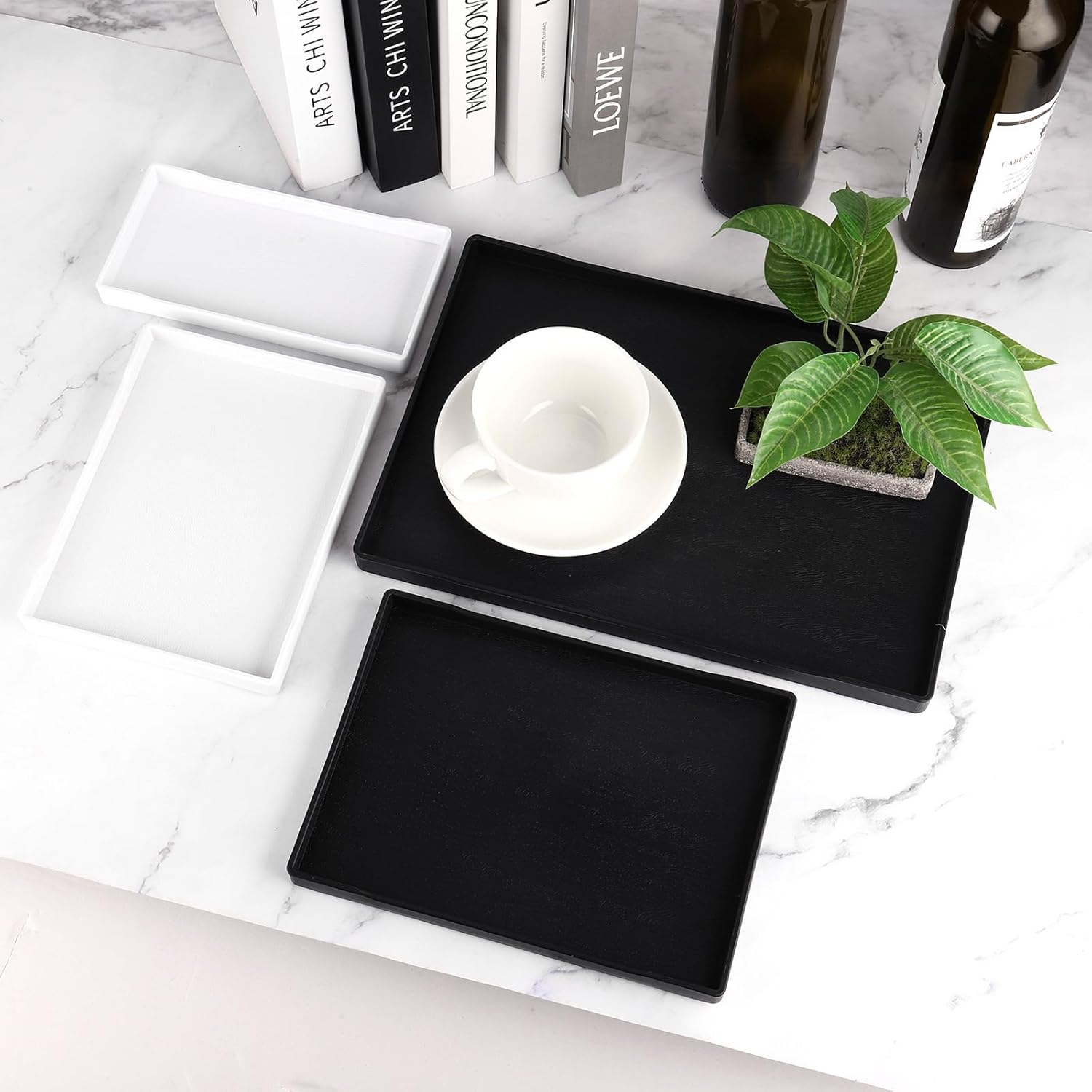 uxcell 3Pcs Serving Tray Small Black Mini Tray 9" x 12" Plastic Rectangular Wooden Serving Trays Decorative Ottoman Platter for Breakfast Kitchen Bathroom