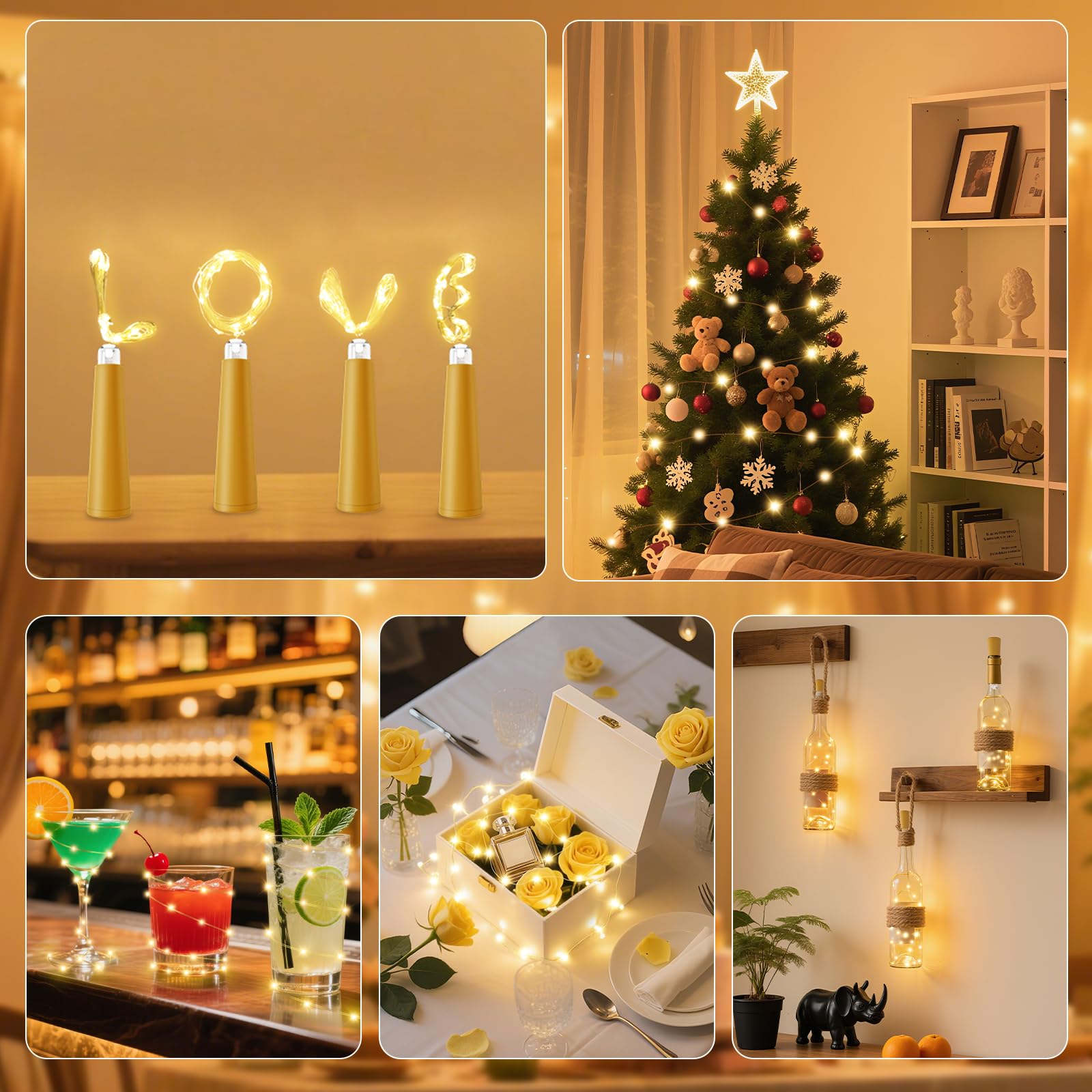 PChero Luces de botella de vino recargables por USB con corcho y temporizador remoto | Paquete de 10, 20 luces LED de 2 m, para manualidades, fiestas, bodas, Navidad, Halloween, festivales, decoración de bar