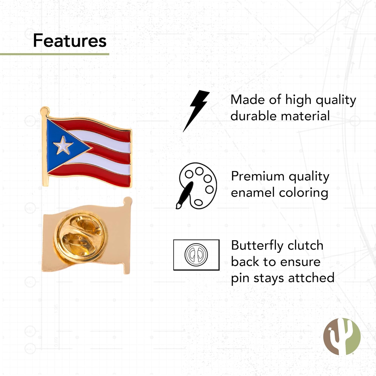 Desert Cactus Puerto Rico State Lapel Pin Enamel Made of Metal Souvenir Hat Men Women Patriotic - Image 3