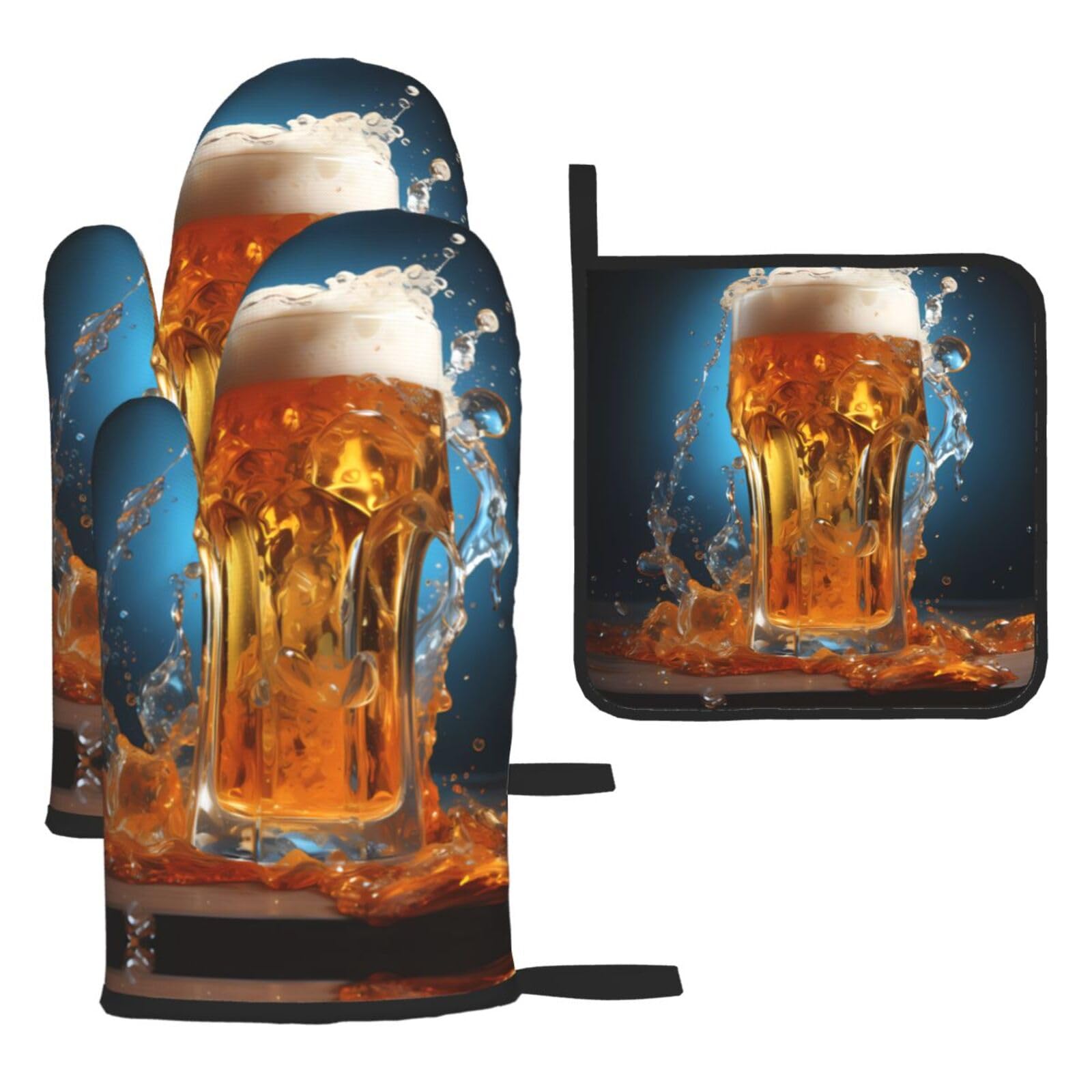 Beer foam Oven mittens and oven mitts three-piece set suitable for oven, grilling, baking, microwave and home cooking.