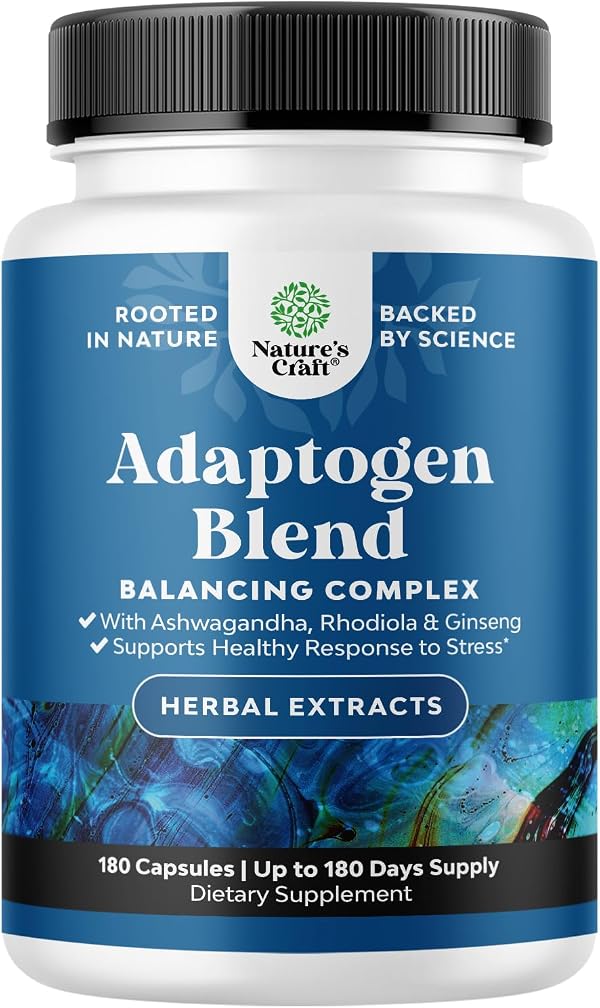 Herbal Adaptogen Mood Support Supplement - Calming Adaptogens Supplement for Stress & Cortisol Management with Ashwagandha Rhodiola Rosea & Maca Root - Vegan Non GMO & Daytime Friendly -180 Count