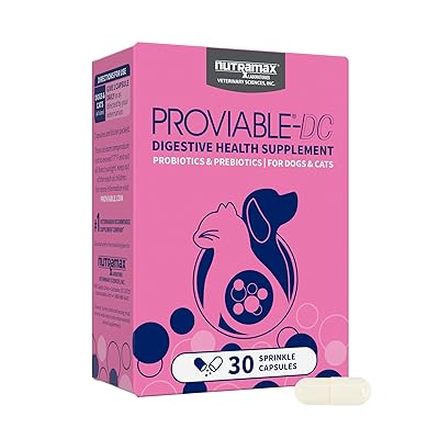 Nutramax Proviable Probiotics for Dogs and Cats, Daily Digestive Health Supplement with Multiple Strains of Bacteria, Cat and Dog Probiotics Plus Prebiotics, 30 Capsules
