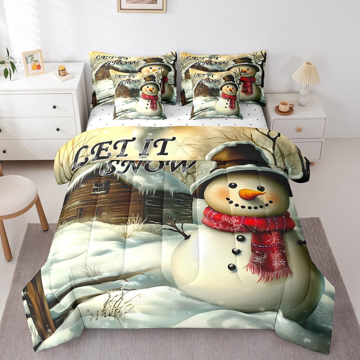 Cute Snowman 7Pcs Comforter Set Twin Size,Rustic Farmhouse Cabin Bedding Set,Winter Snow View Fitted Flat Sheet for Kids Teens Adult Room Decor,Vintage Brown White 2 Pillow Covers,2 Pillowcases