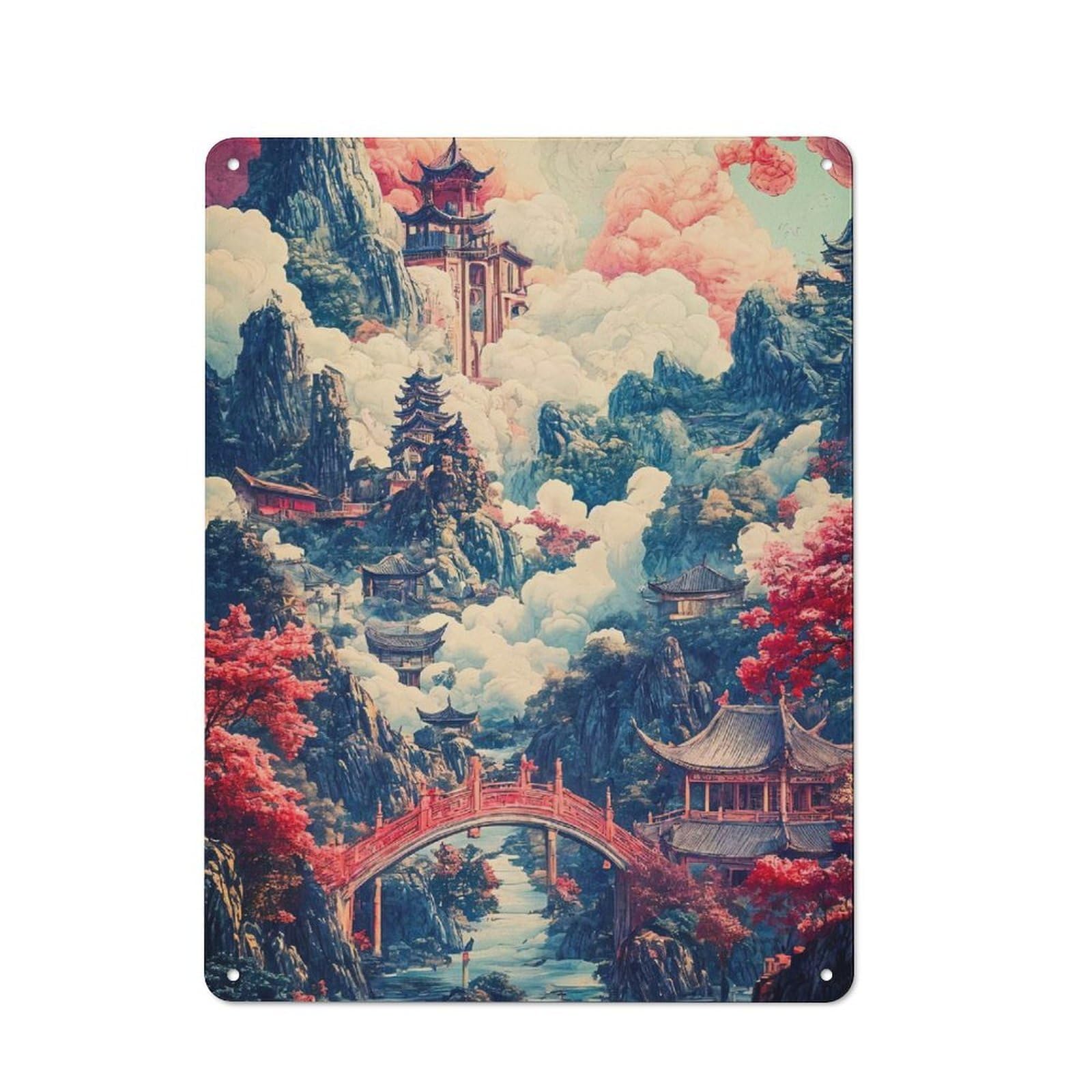 Junmoney Style-1 40X30cm Retro Metal Sign With Asian Landscape For Living Room Or Hallway, For Living Room Decor Lovers Refreshing A Room In Autumn