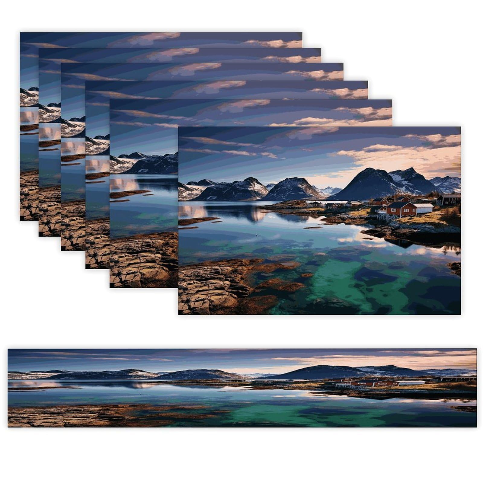 Norway Islands Table Runner and Placemats Set of 6 for Kitchen Washable Table Mats Heat Resistant Place Mats Non-Slip Place Mat Wipeable Placemat(6 Placemats+1 Table Runner)