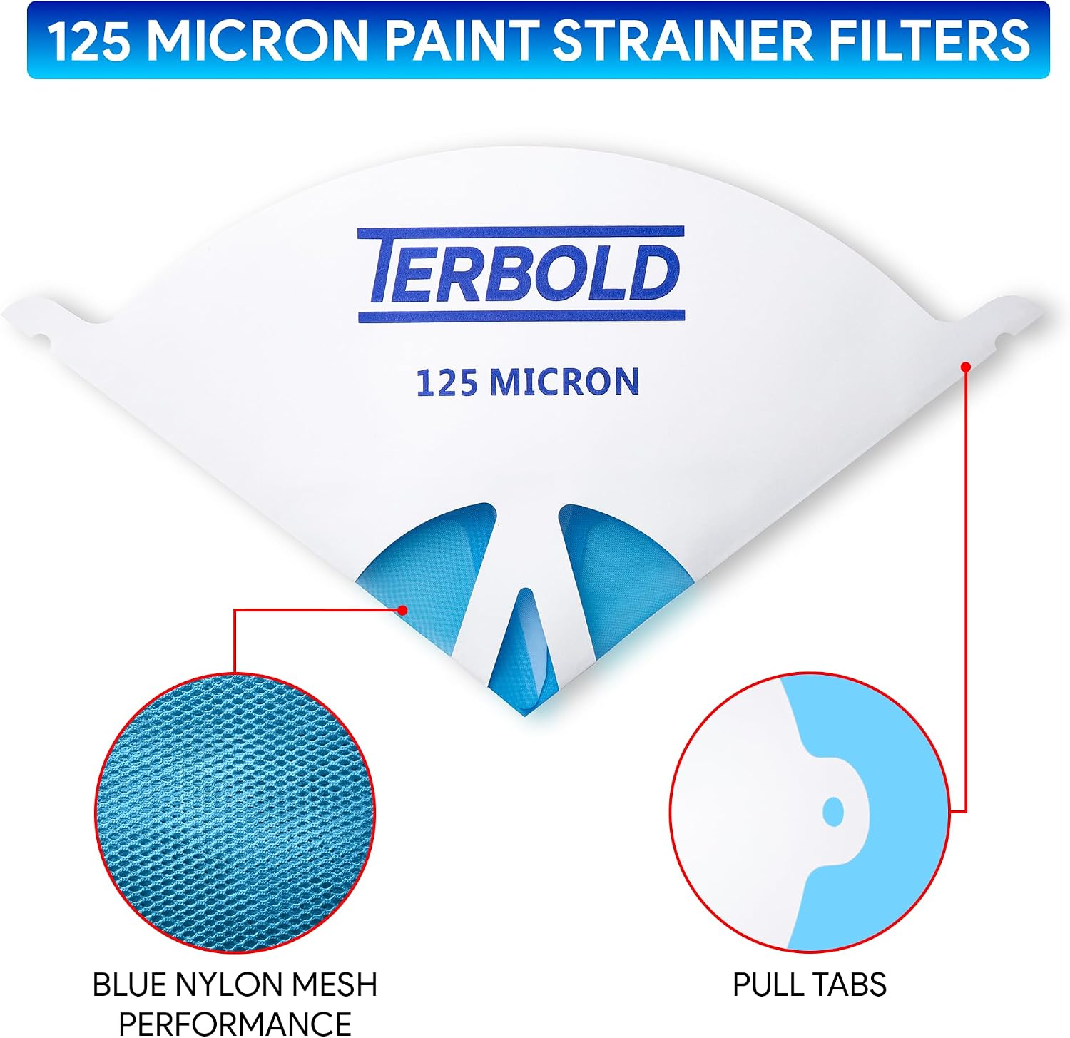 50pcs 125 Micron Paint Strainer Filters with Blue Nylon Mesh Tips