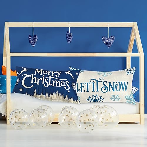 Miniatura 6 de 2 fundas de almohada navideñas de 20 x 12 pulgadas, fundas de almohada de lino con texto en inglés "Merry Christmas and Let It Snow", fundas de
