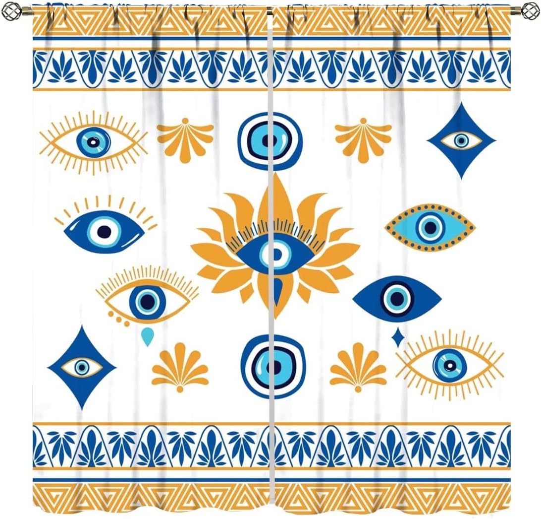 Evil Eye Window Curtains,Boho Hippy Blue and Yellow Occult Symbol Print Semi Blackout Window Treatments for Living Room Bedroom Kitchen,2 Panels Set,Total Size 72 x 63 Inch