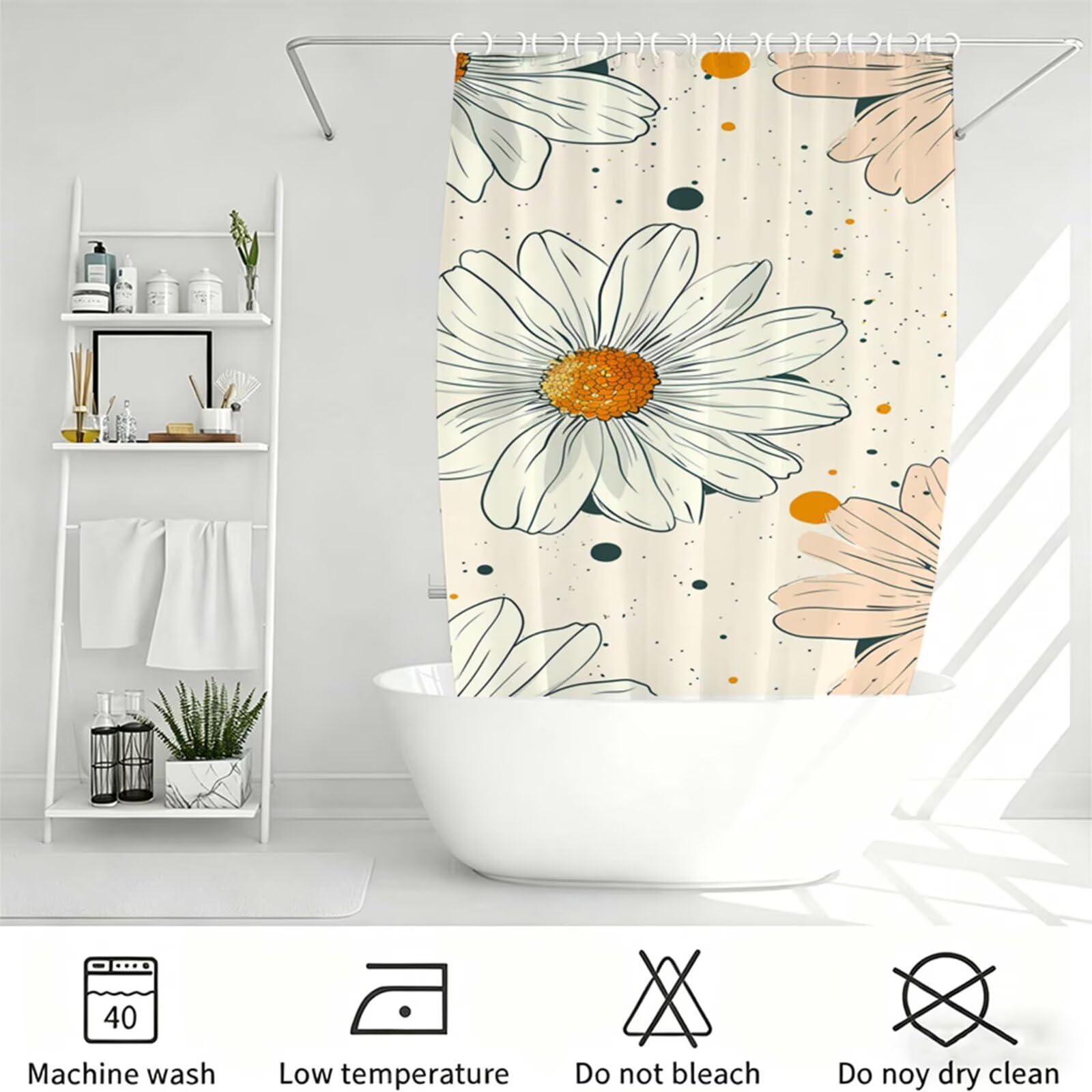 Beige Tenda Doccia 180x180cm,Tenda per Doccia Tessuto Poliestere Impermeabile Asciugatura Rapida con 12 Anelli,Tende Finestra Bagno e Vasca Pieghevole per Angolare Casa Shower Curtain crisantemo J-358
