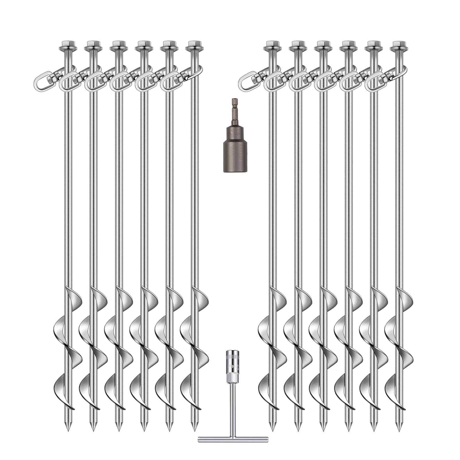 Kit di ancoraggi a vite da 30 cm, set da 16 pezzi con chiave a T e punta da trapano per trampolino, capannone, casa mobile e pali per tende