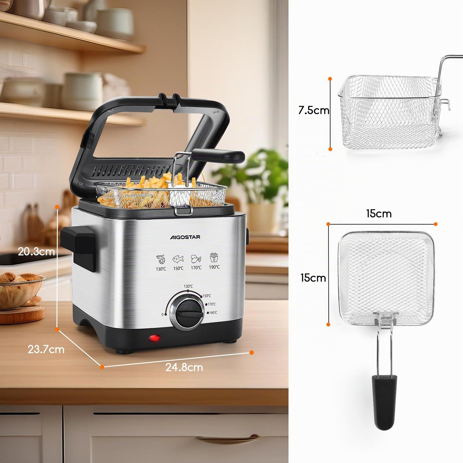 Aigostar Fries 30IZD - Freidora compacta de 1,5 litros, libre de BPA, 1000 watios con gran ventana transparente y temperatura ajustable. Acero inoxidable de tipo 304. Diseño exclusivo