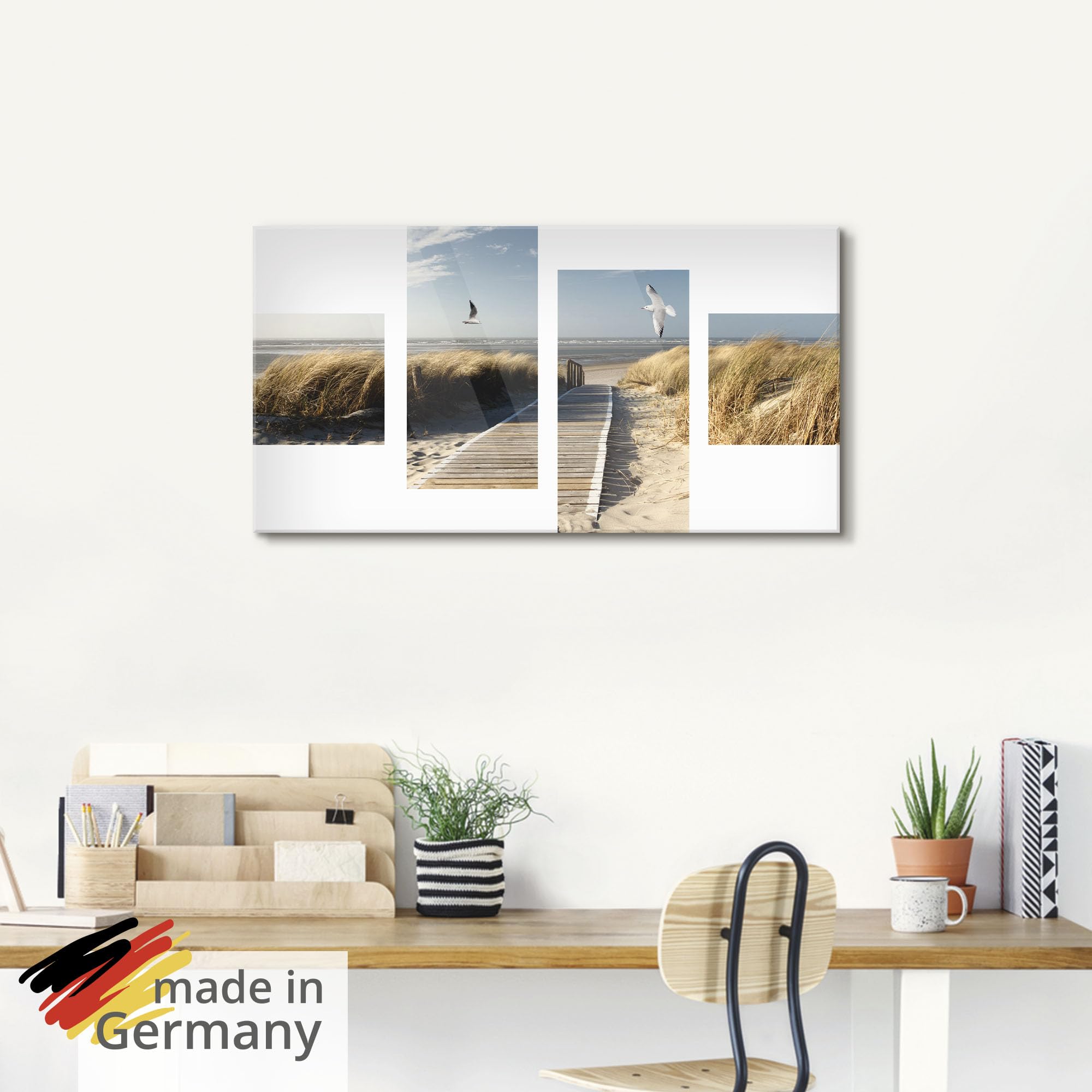 ARTland Wanddeko Glasbilder Wandbild Glas Bild einteilig 30x60 cm Hochformat Strand Meer Nordsee Küste Möwen Himmel Steg Natur Landschaft Dünen T9NJ