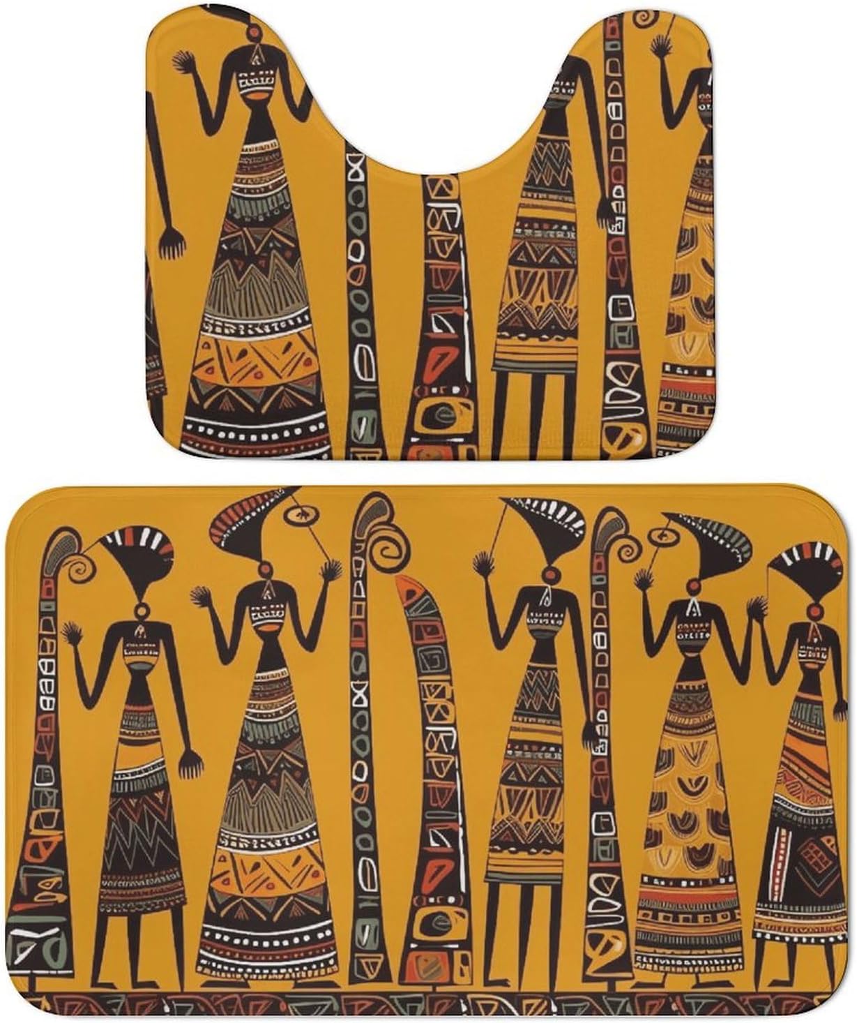 Bath Mat Set 2 Pieces Coral Velvet Bath Rug Non Slip Absorbent Microfiber Bathroom Rugs Quick Dry U-Shaped Toilet Rug Creative African Culture Bathmat Washable Soft Carpet