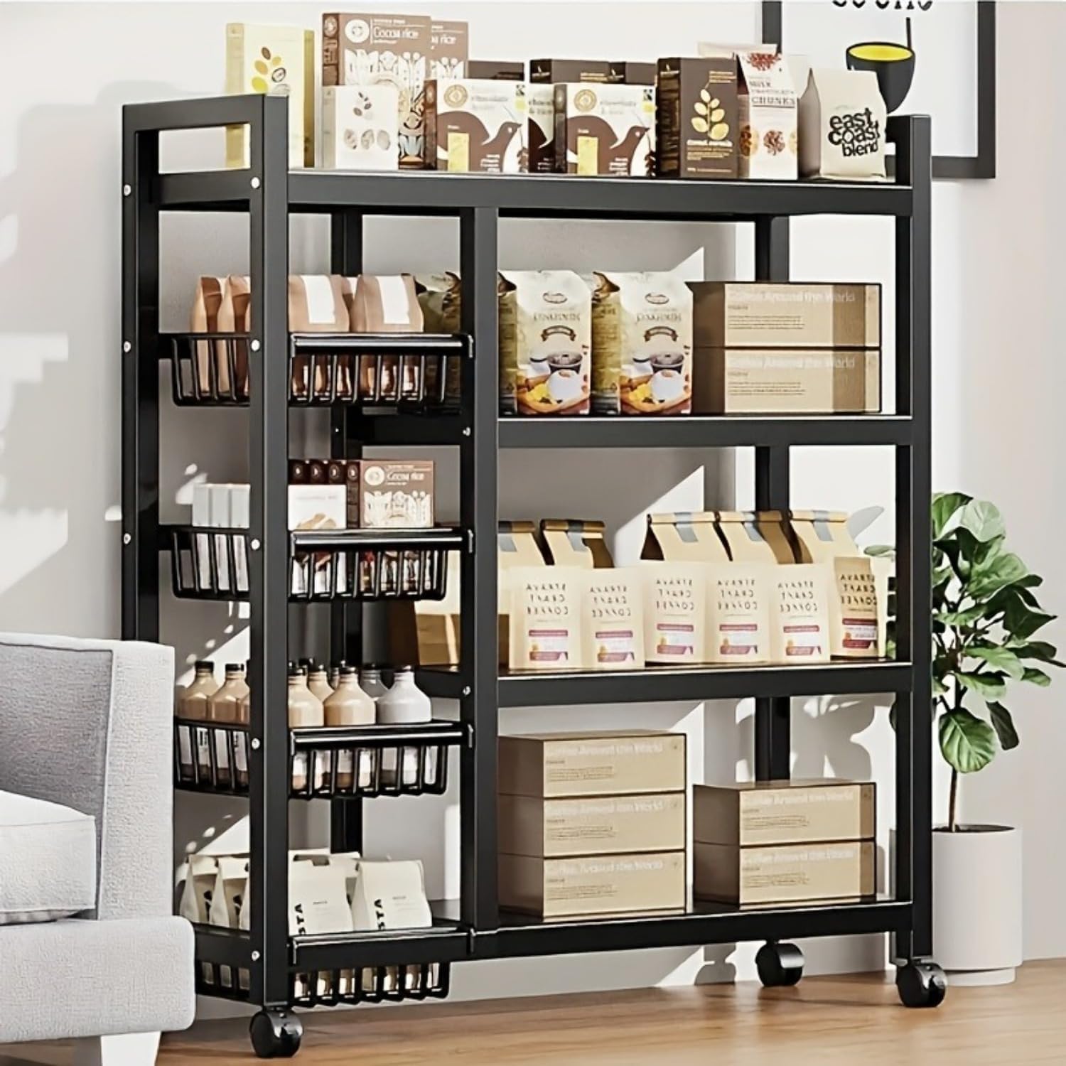 LDQ 4-tier rolling shelf, kitchen storage rack, kitchen shelf organizer, baker's rack with storage, metal shelves.kitchen cart on wheels with storage,Household gifts for relatives and friends.